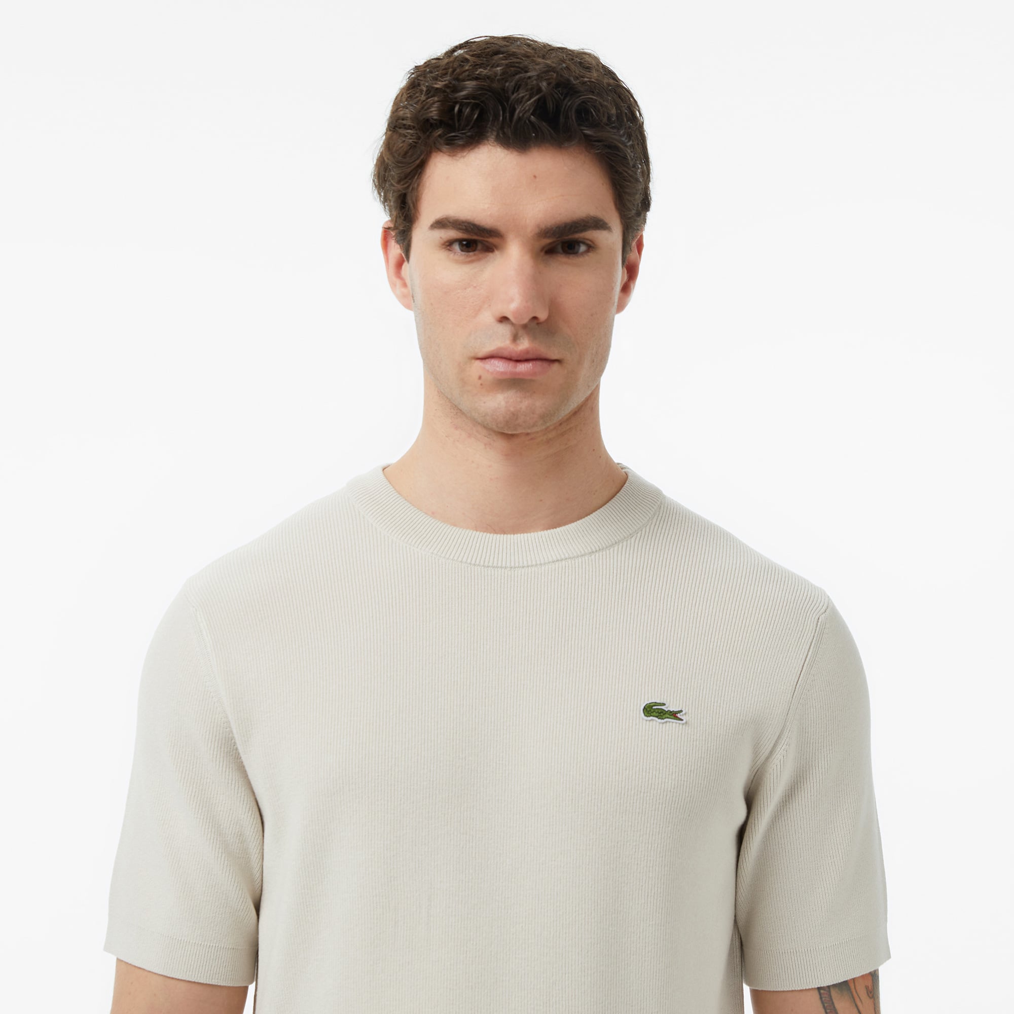 Lacoste Erkek Classic Fit Kısa Kollu Bisiklet Yaka Bej Triko görsel 2