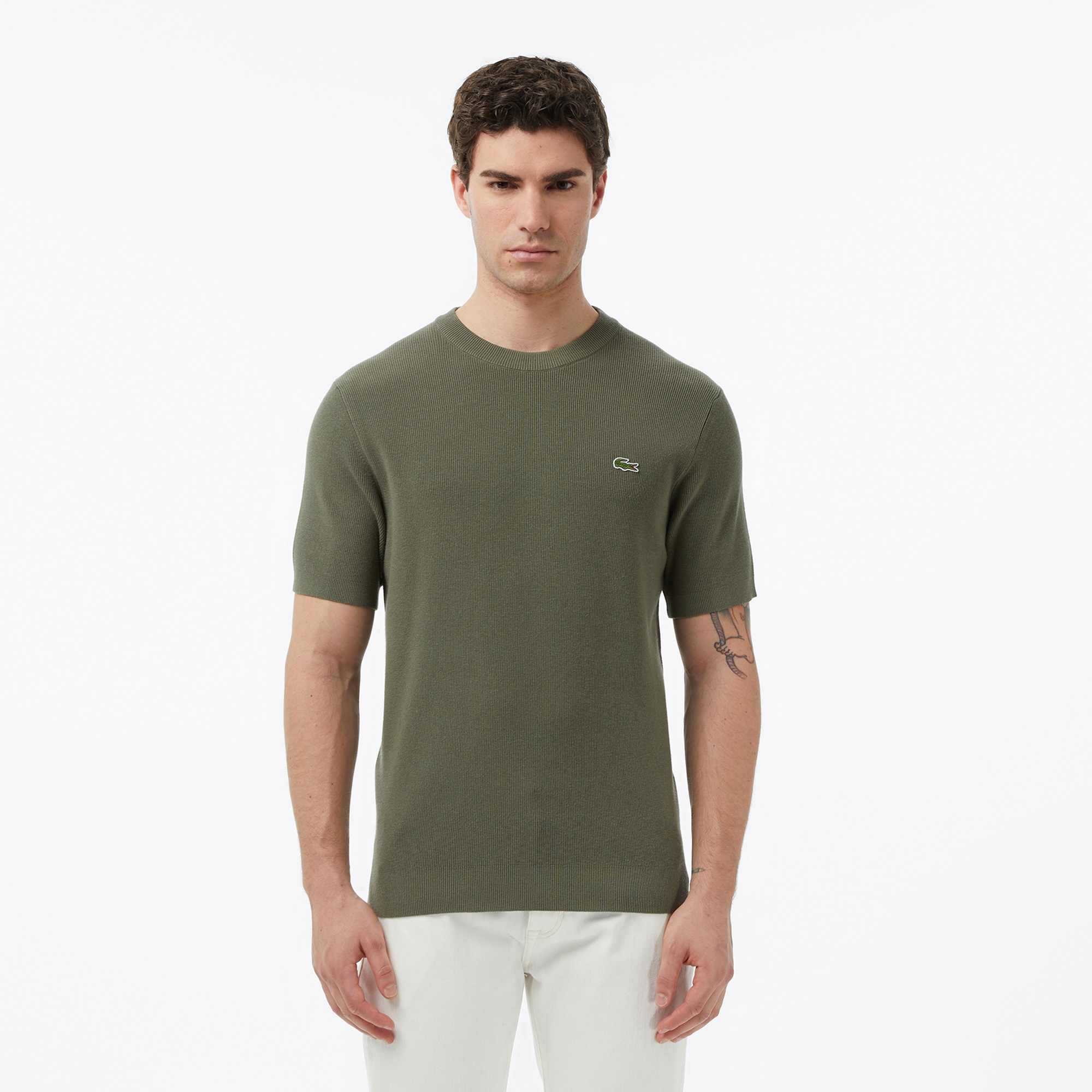 Erkek Classic Fit Kısa Kollu Bisiklet Yaka Haki Triko