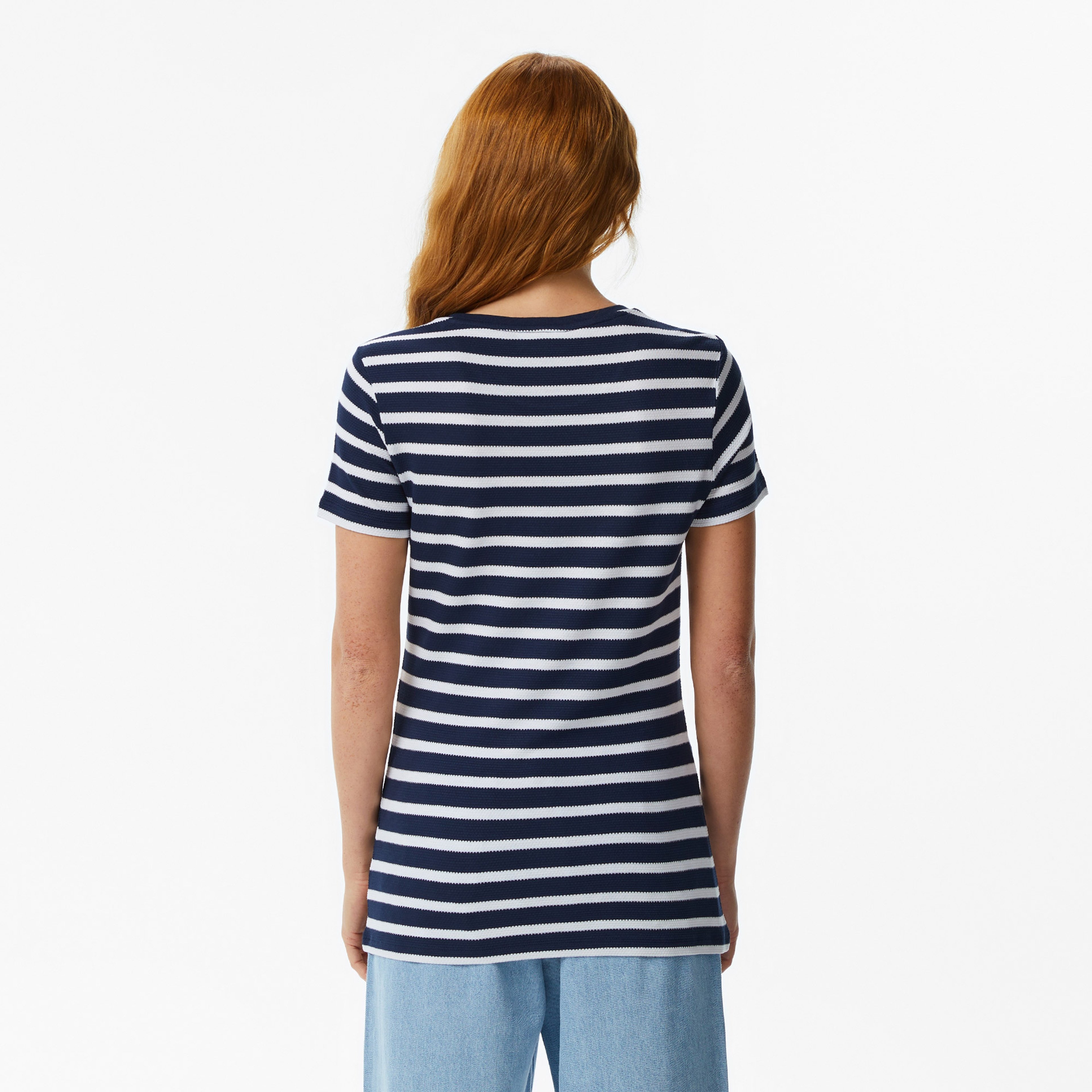 Kadın Slim Fit Bisiklet Yaka Çizgili Lacivert T-Shirt Kadın Slim Fit Bisiklet Yaka Çizgili Lacivert T-Shirt