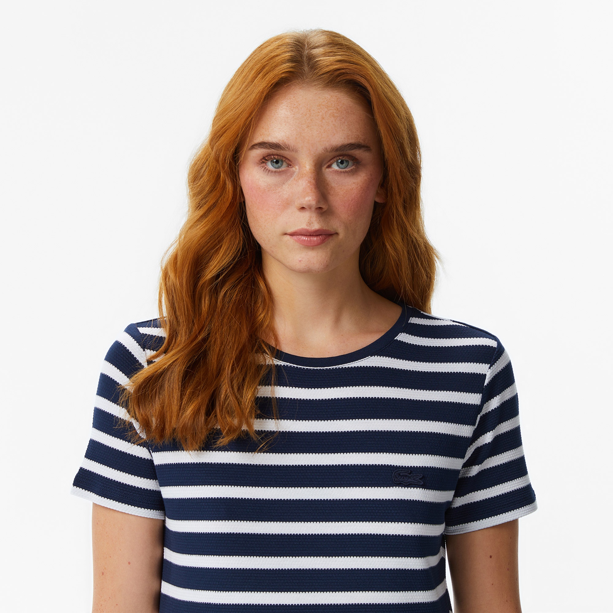 Kadın Slim Fit Bisiklet Yaka Çizgili Lacivert T-Shirt