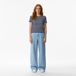 Kadın Slim Fit Bisiklet Yaka Çizgili Lacivert T-Shirt Lacivert