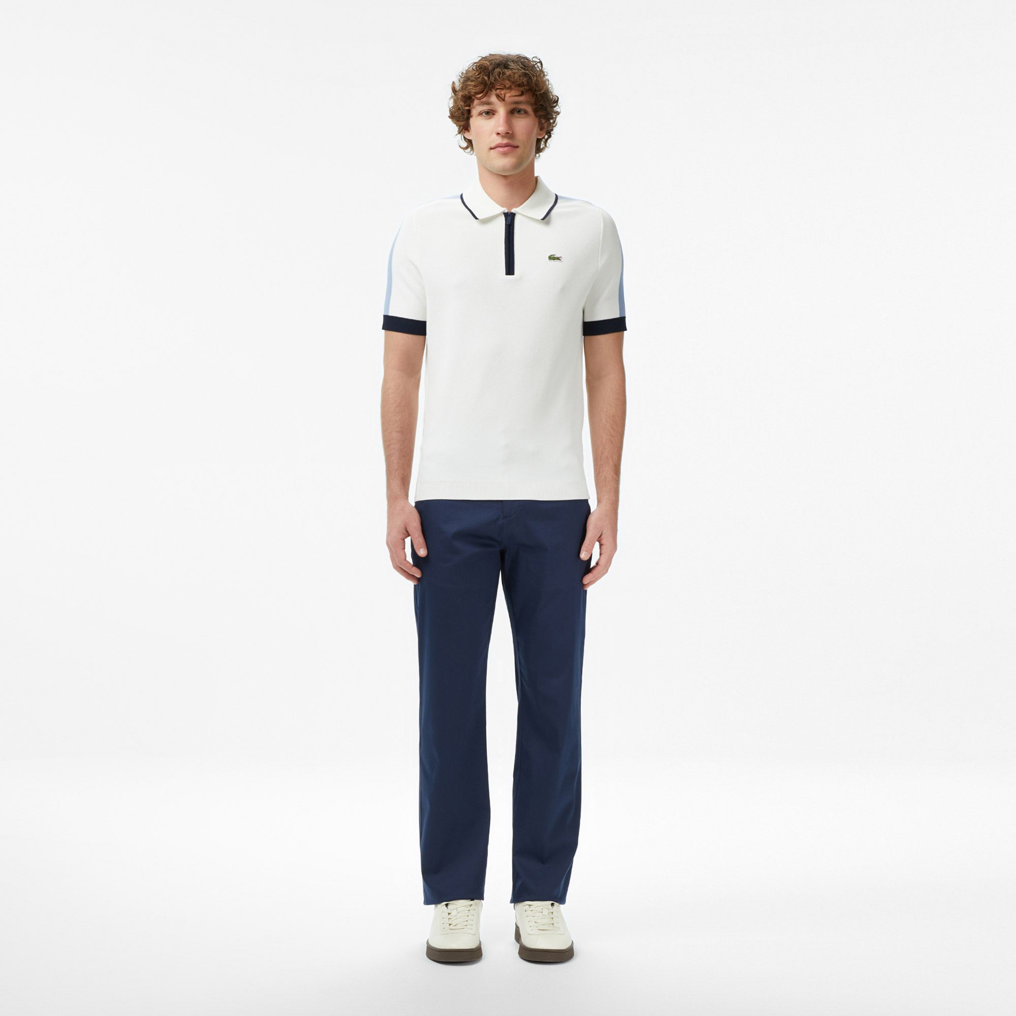 Lacoste Erkek Classic Fit Kısa Kollu Yarım Fermuarlı Beyaz Triko görsel 5