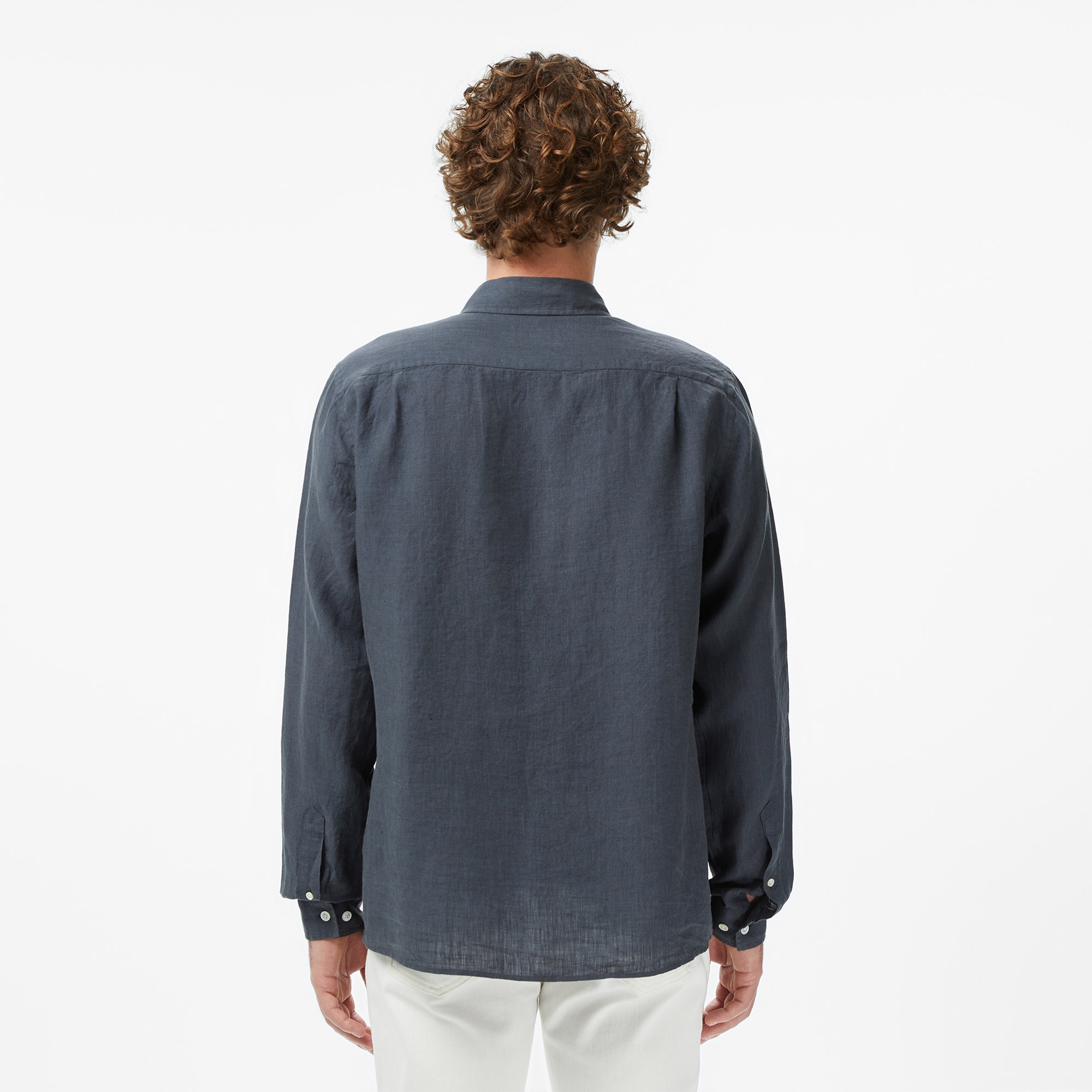 Erkek Regular Fit Düğmeli Yaka Keten Koyu Gri Gömlek