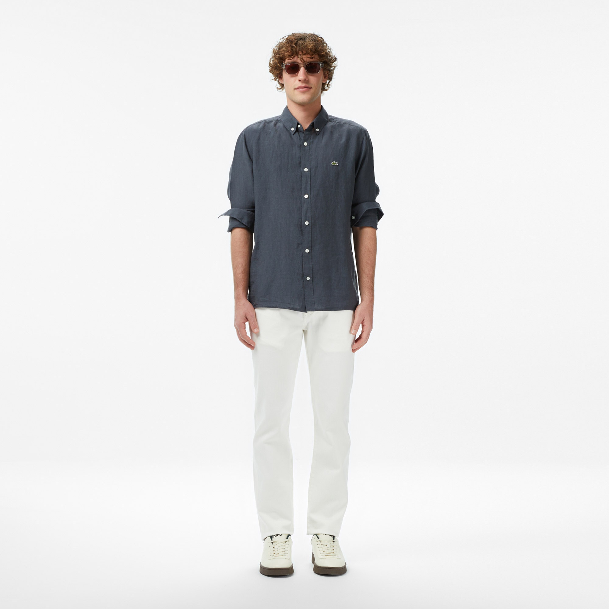 Erkek Regular Fit Düğmeli Yaka Keten Koyu Gri Gömlek