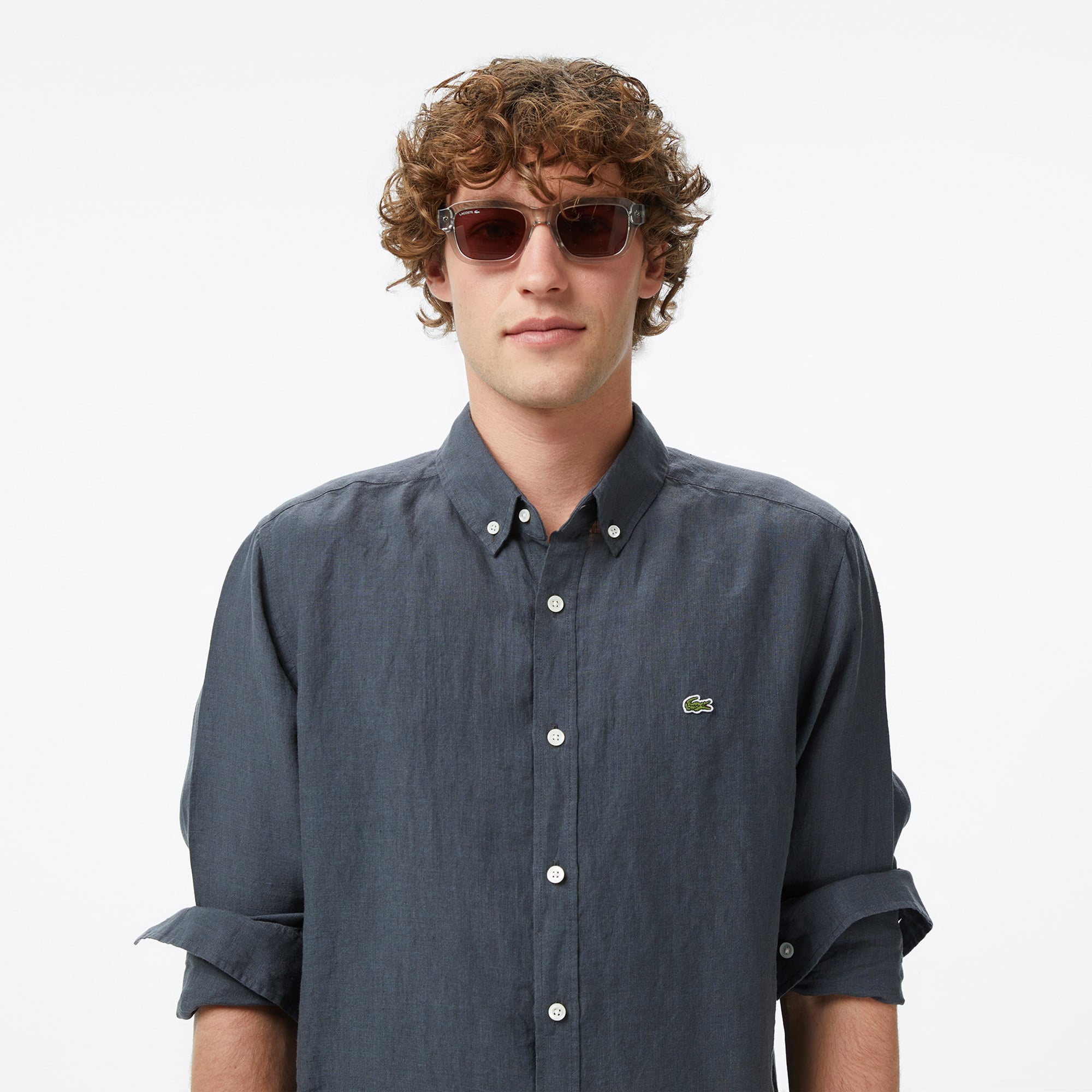 Lacoste Erkek Regular Fit Düğmeli Yaka Keten Koyu Gri Gömlek görsel 2