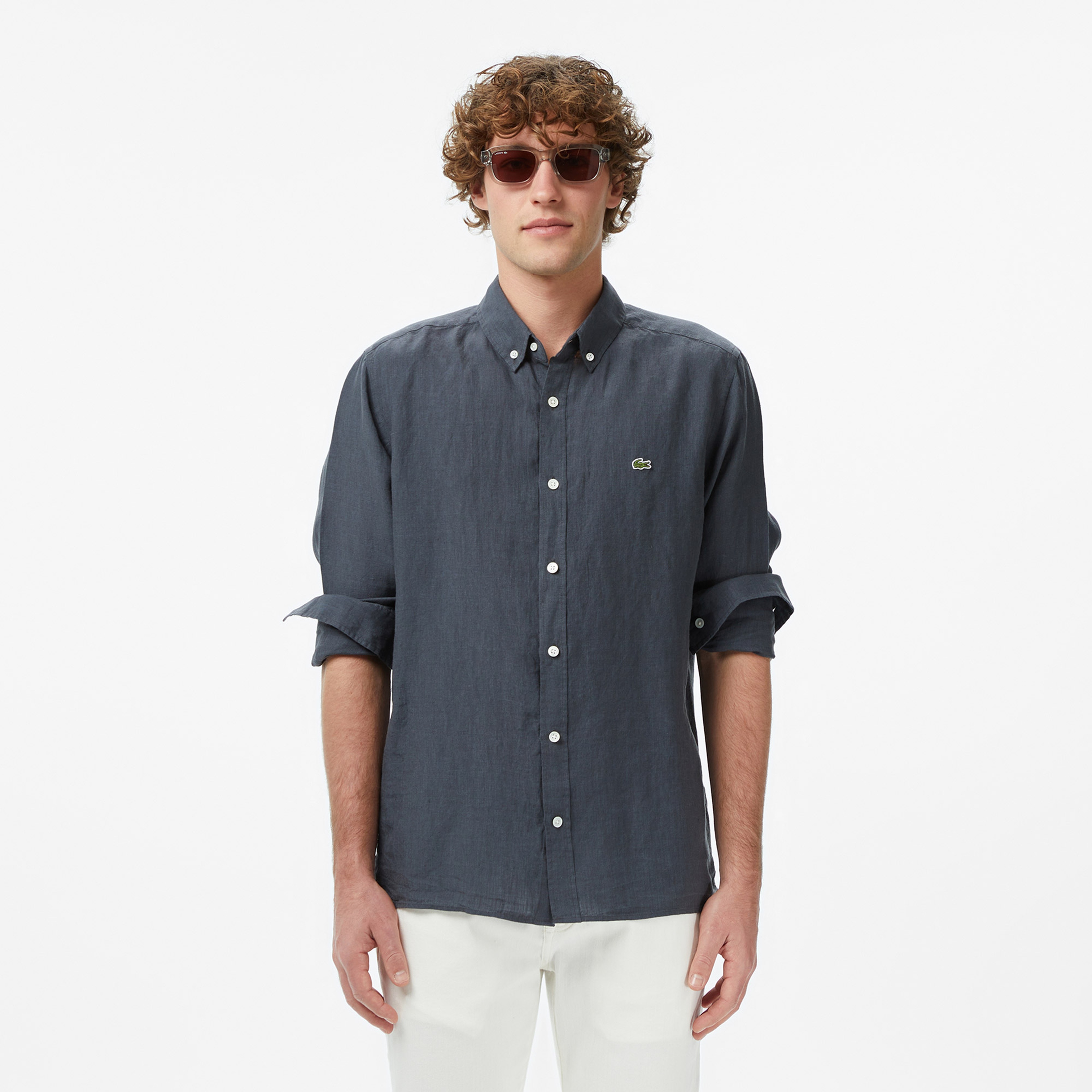 Erkek Regular Fit Düğmeli Yaka Keten Koyu Gri Gömlek