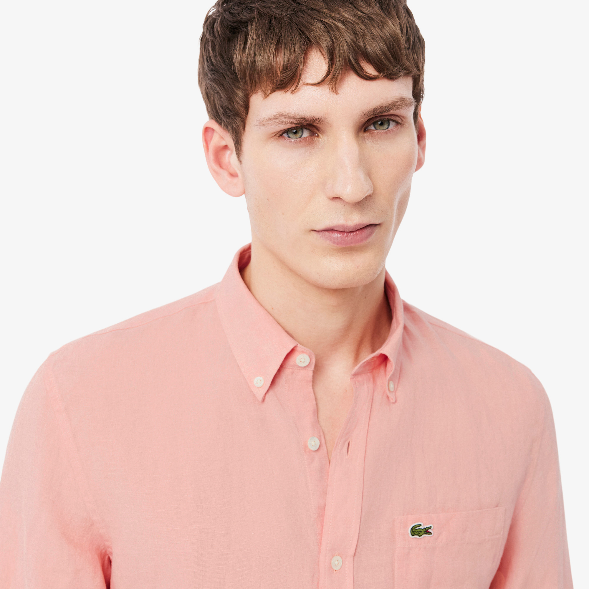 Lacoste Erkek Regular Fit Düğmeli Yaka Keten Pembe Gömlek görsel 3