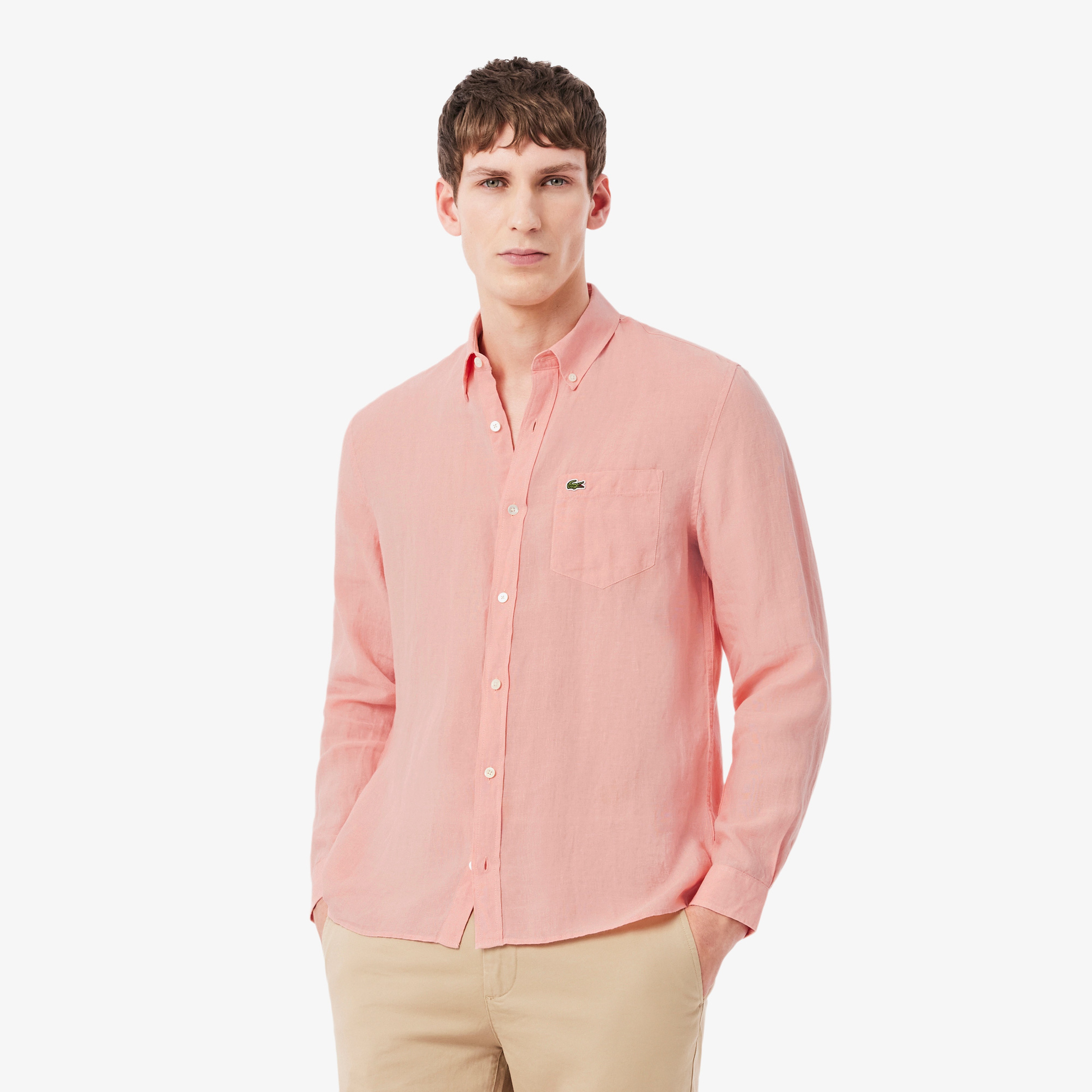 Erkek Regular Fit Düğmeli Yaka Pembe Gömlek