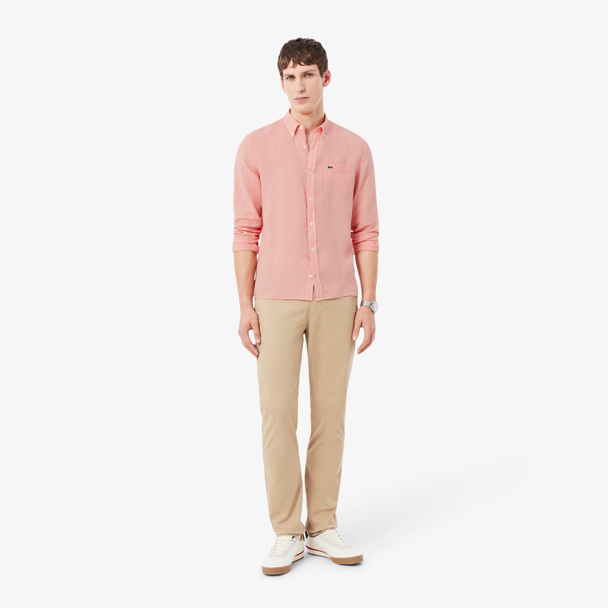 Lacoste Erkek Regular Fit Düğmeli Yaka Keten Pembe Gömlek görsel 2