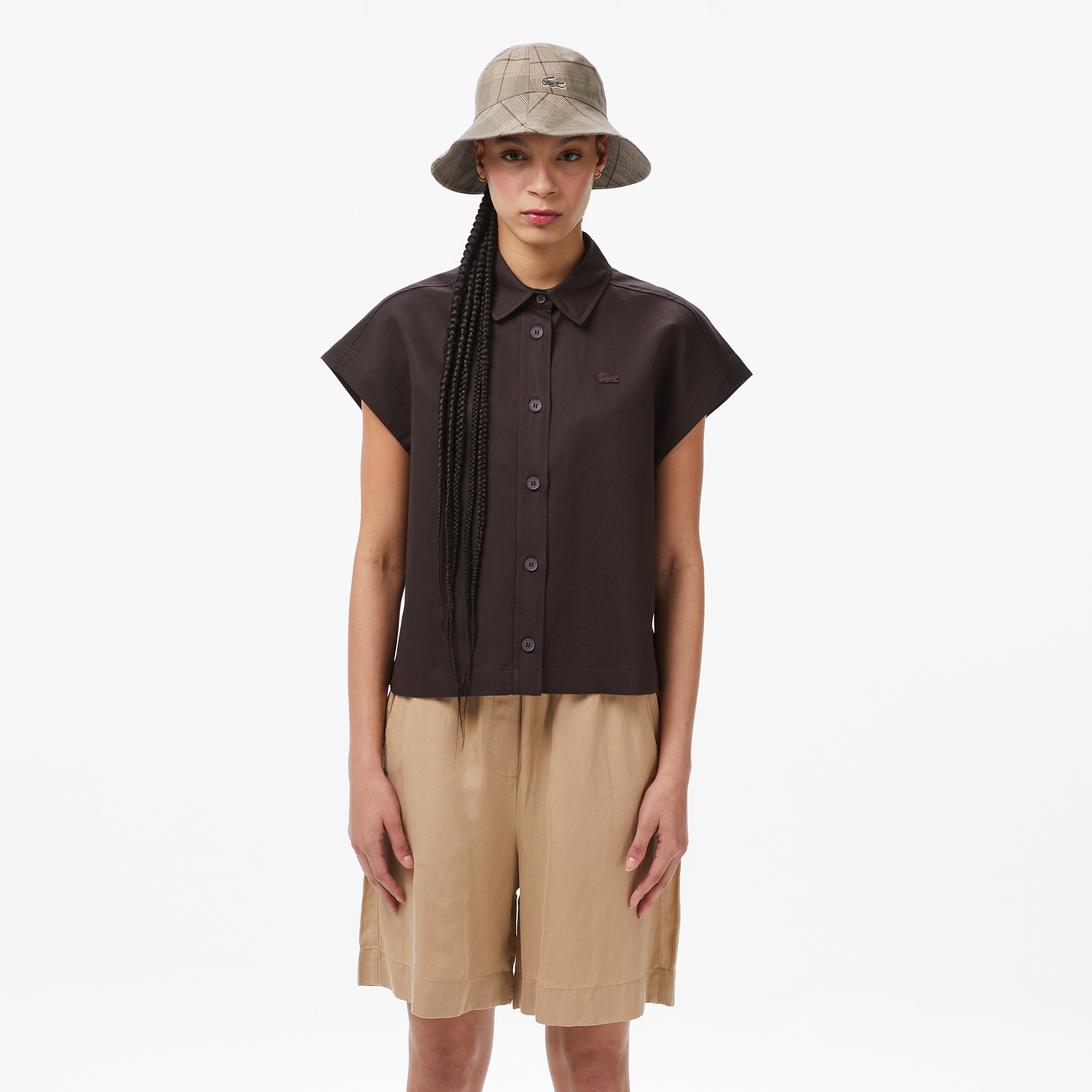 Kadın Regular Fit Kısa Kollu Düğmeli Yaka Kahverengi Gömlek