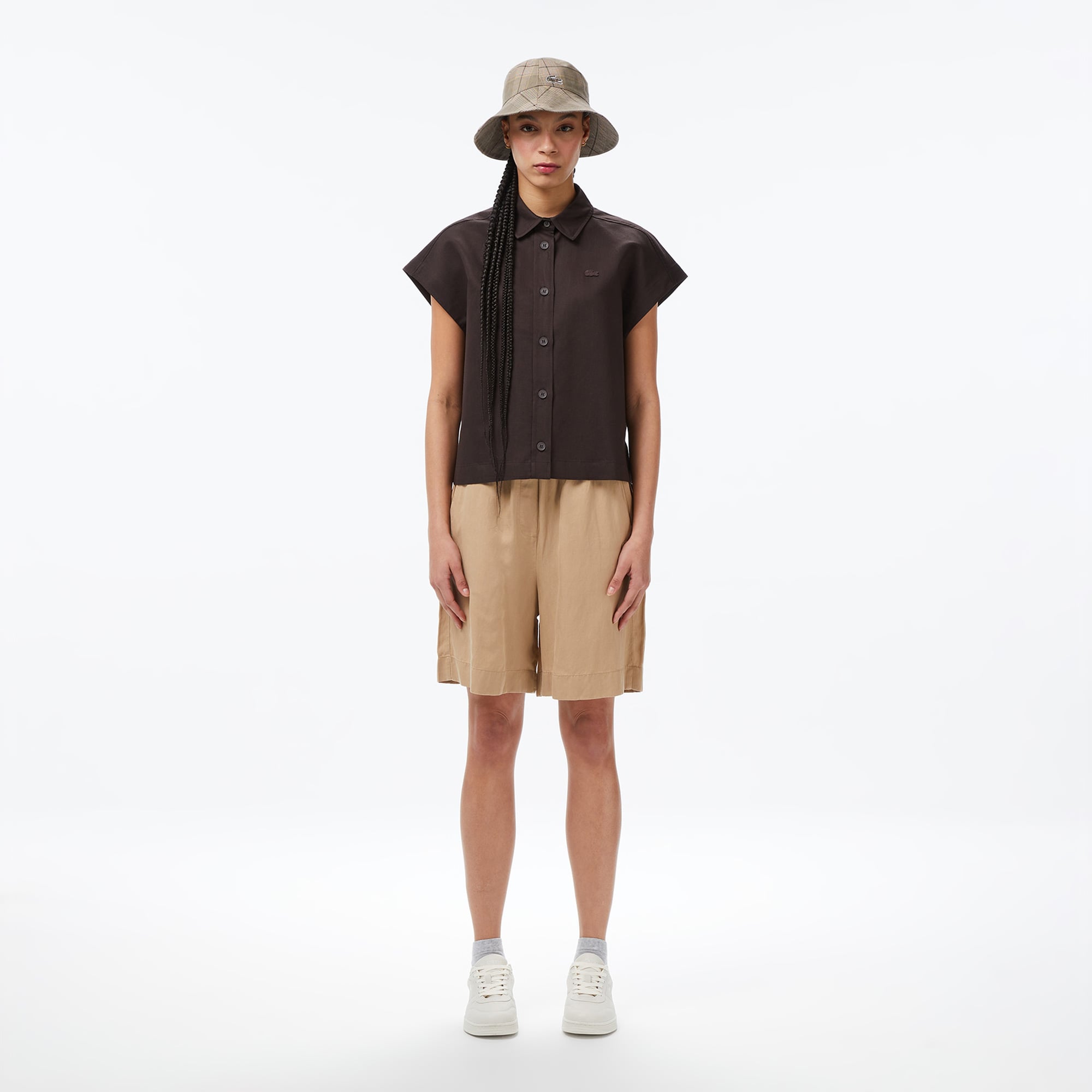 Lacoste Kadın Regular Fit Kısa Kollu Düğmeli Yaka Kahverengi Gömlek görsel 6