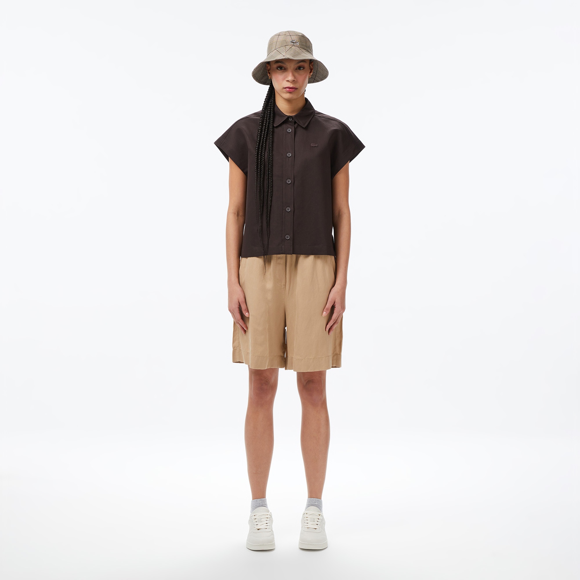 Kadın Regular Fit Kısa Kollu Düğmeli Yaka Kahverengi Gömlek