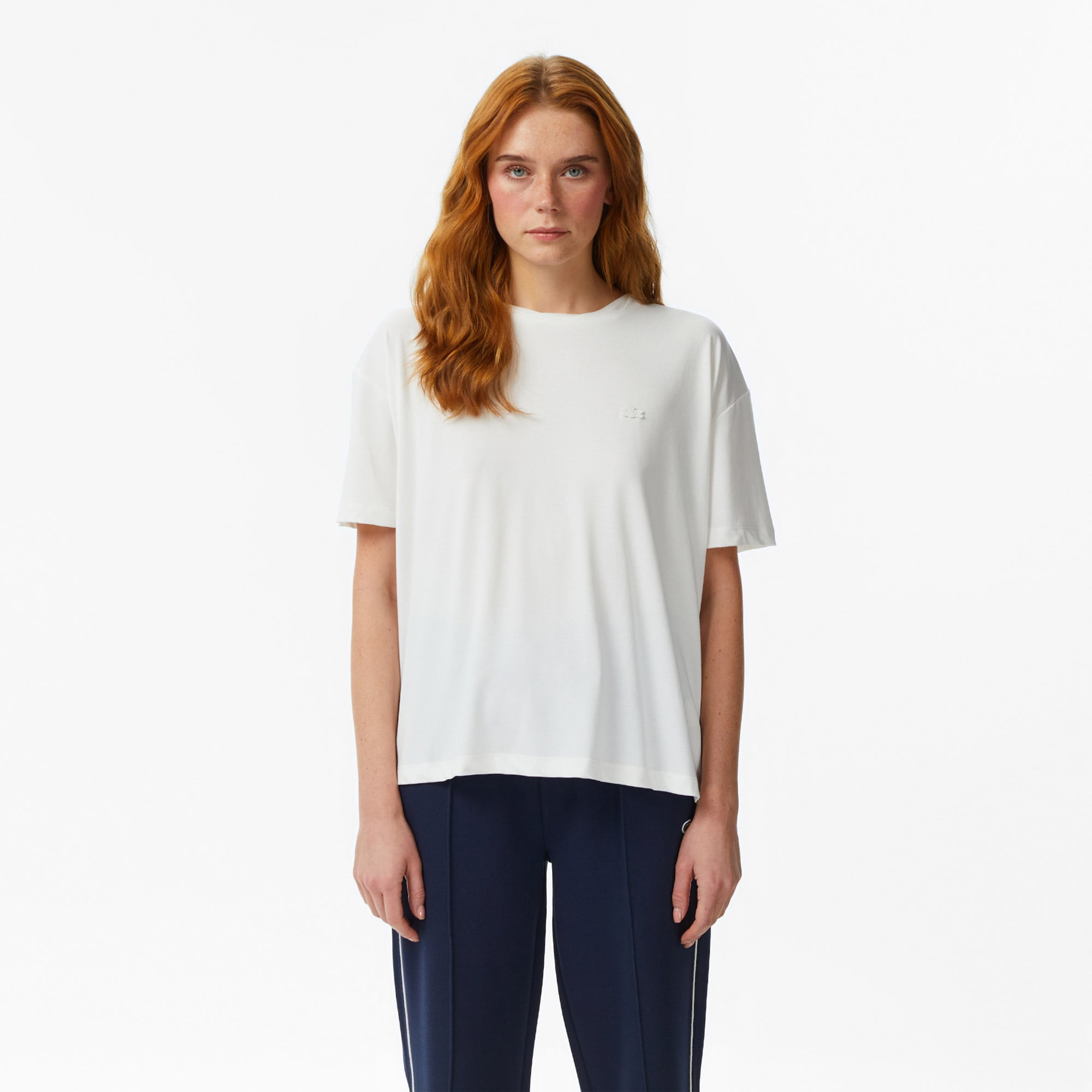 Lacoste Kadın Relaxed Fit Bisiklet Yaka Beyaz T-Shirt