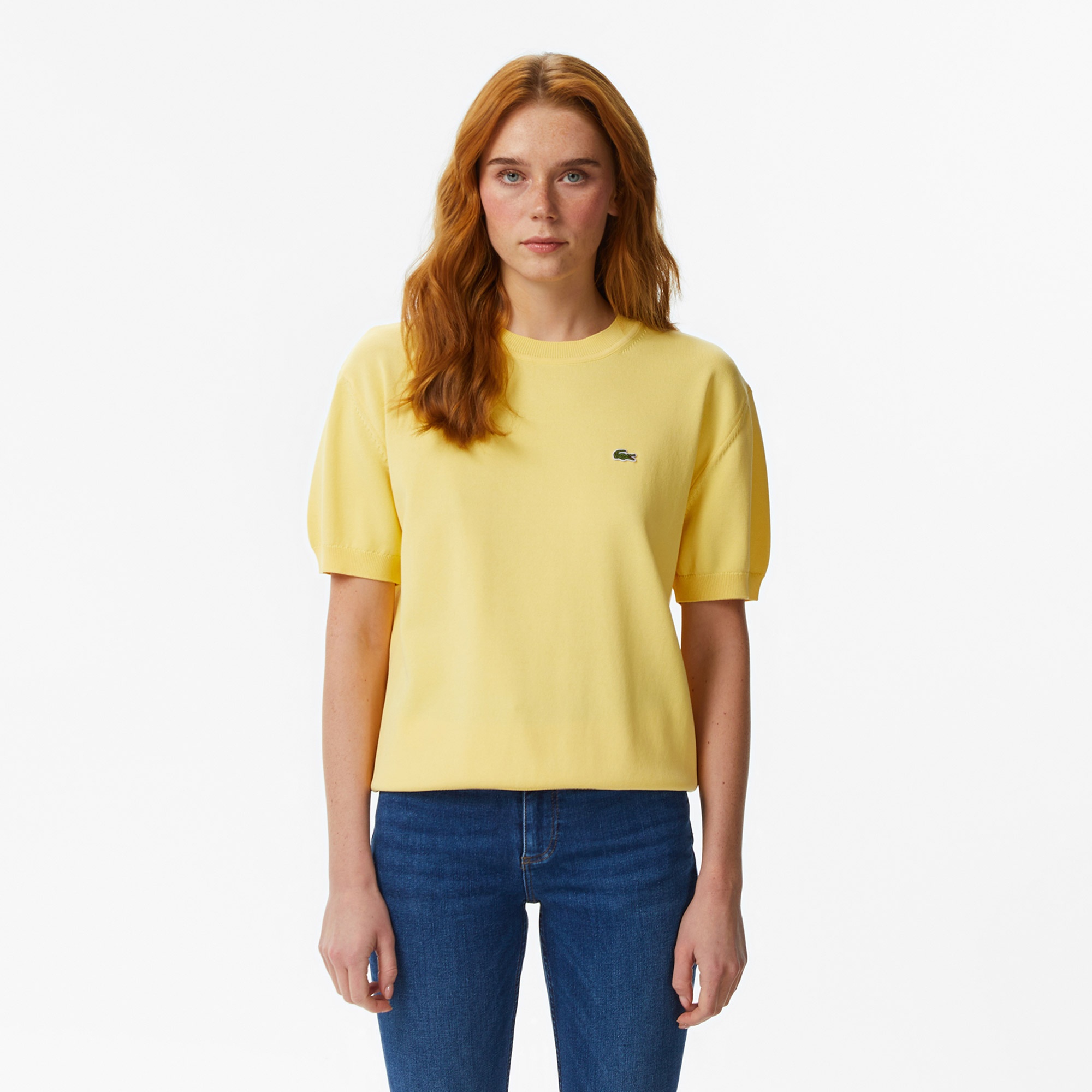 Kadın Relaxed Fit Kısa Kollu Bisiklet Yaka Sarı Bluz