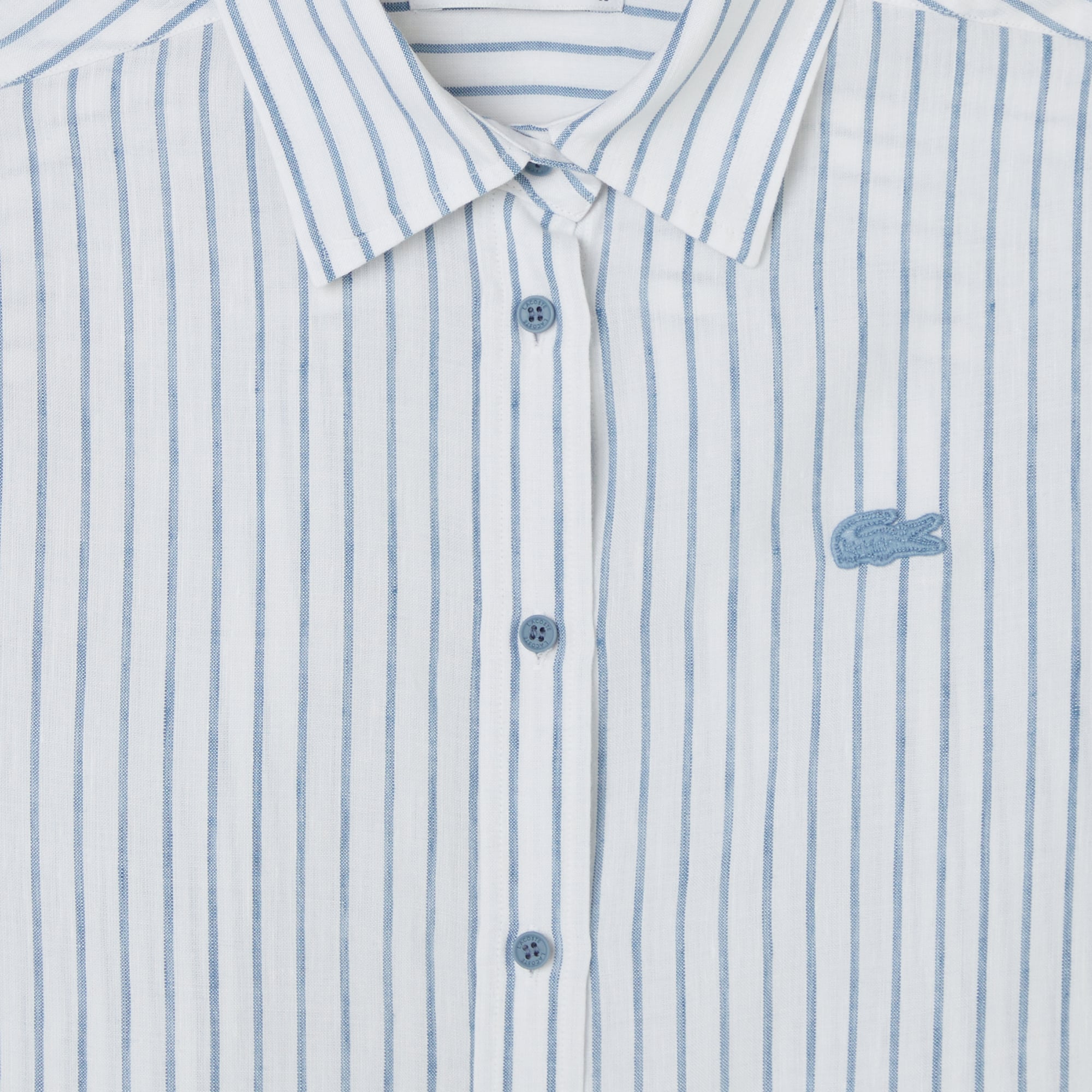 Lacoste Kadın Relaxed Fit Keten Çizgili Mavi Gömlek görsel 4