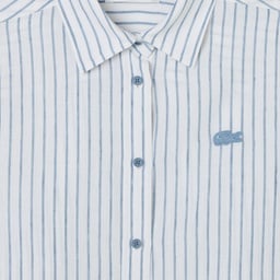 Kadın Relaxed Fit Keten Çizgili Mavi Gömlek Mavi