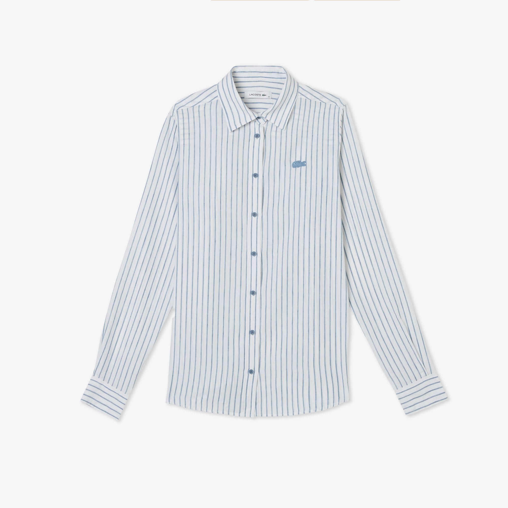 Lacoste Kadın Relaxed Fit Keten Çizgili Mavi Gömlek görsel 3