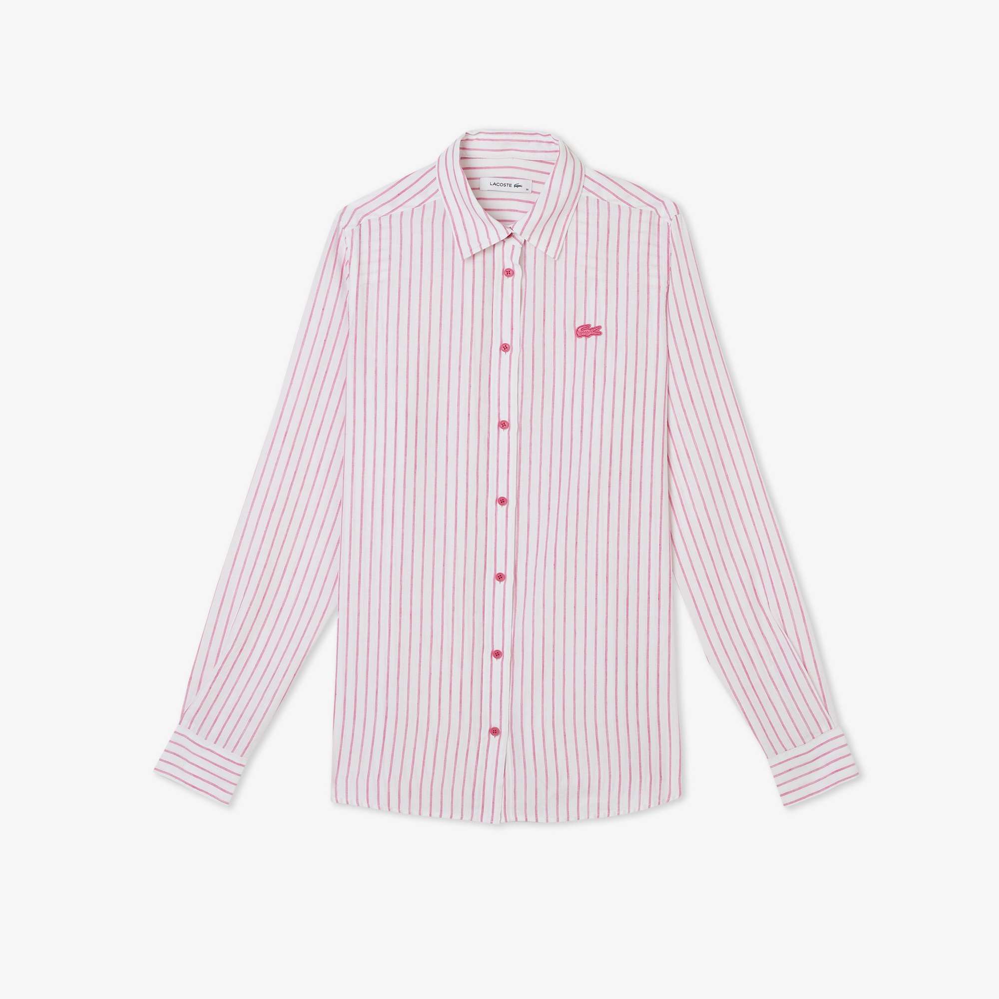 Kadın Relaxed Fit Keten Çizgili Pembe Gömlek