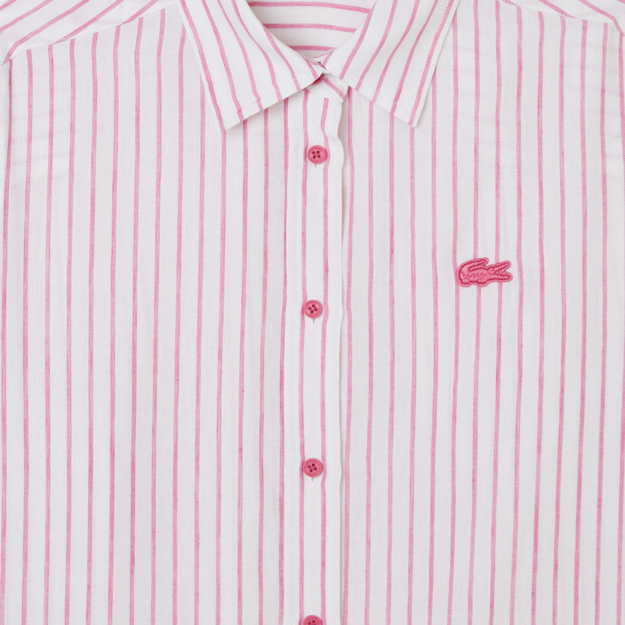 Lacoste Kadın Relaxed Fit Keten Çizgili Pembe Gömlek görsel 4