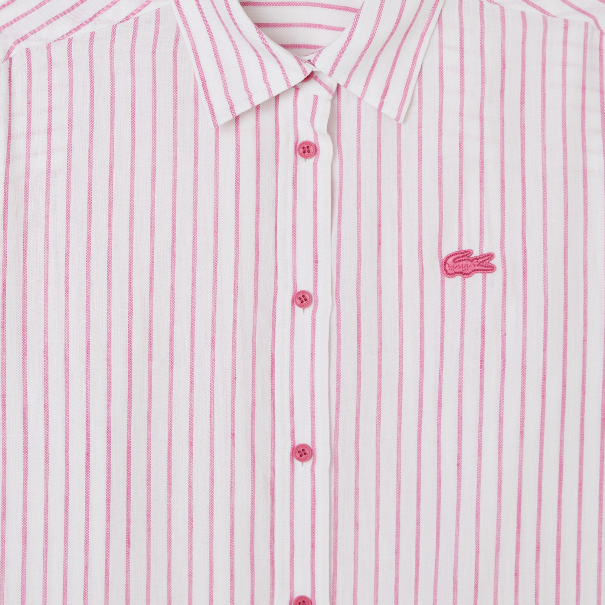 Kadın Relaxed Fit Keten Çizgili Pembe Gömlek