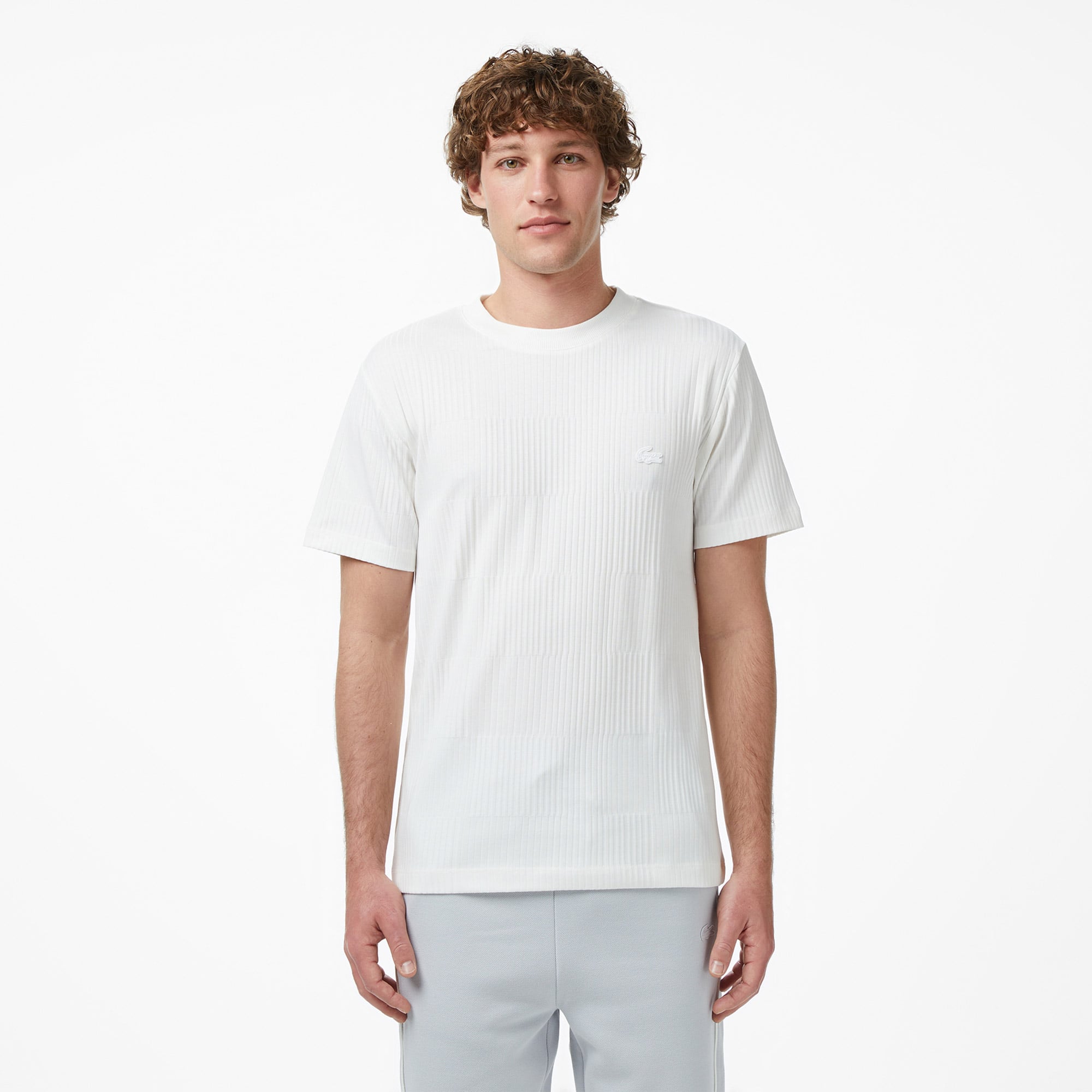 Lacoste Erkek Regular Fit Bisiklet Yaka Çizgili Beyaz T-Shirt