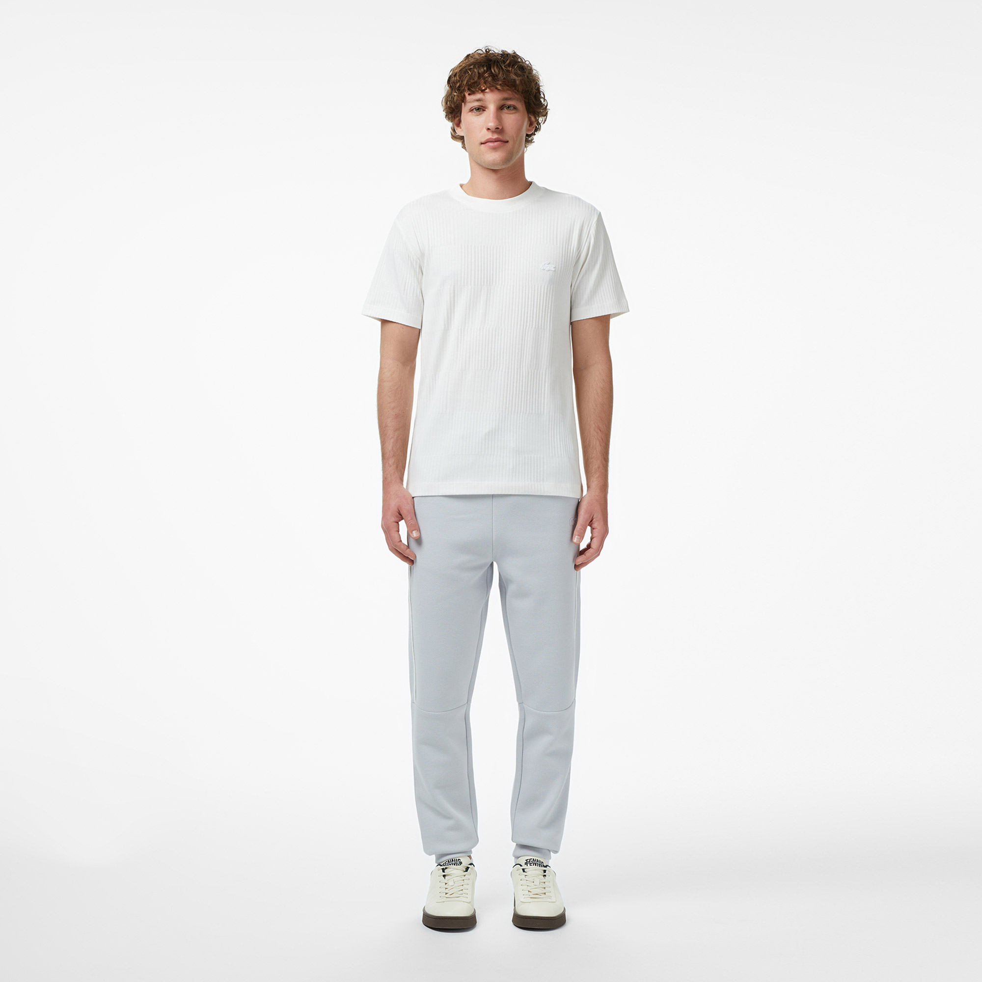 Lacoste Erkek Regular Fit Bisiklet Yaka Çizgili Beyaz T-Shirt görsel 6