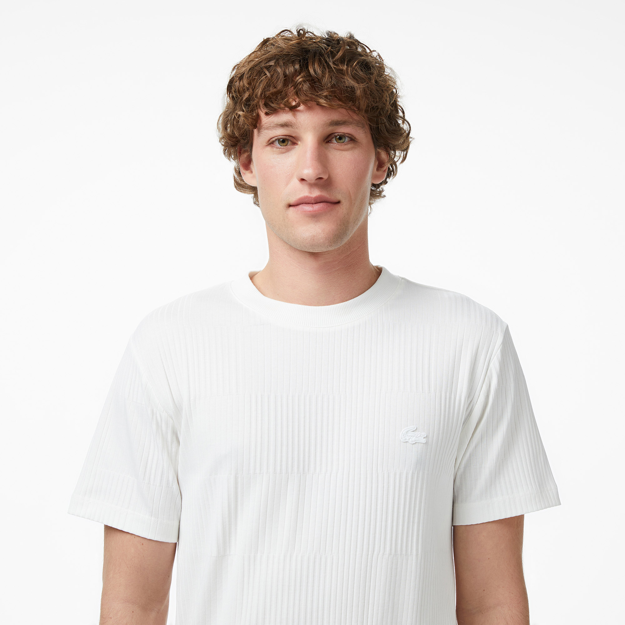 Lacoste Erkek Regular Fit Bisiklet Yaka Çizgili Beyaz T-Shirt görsel 2