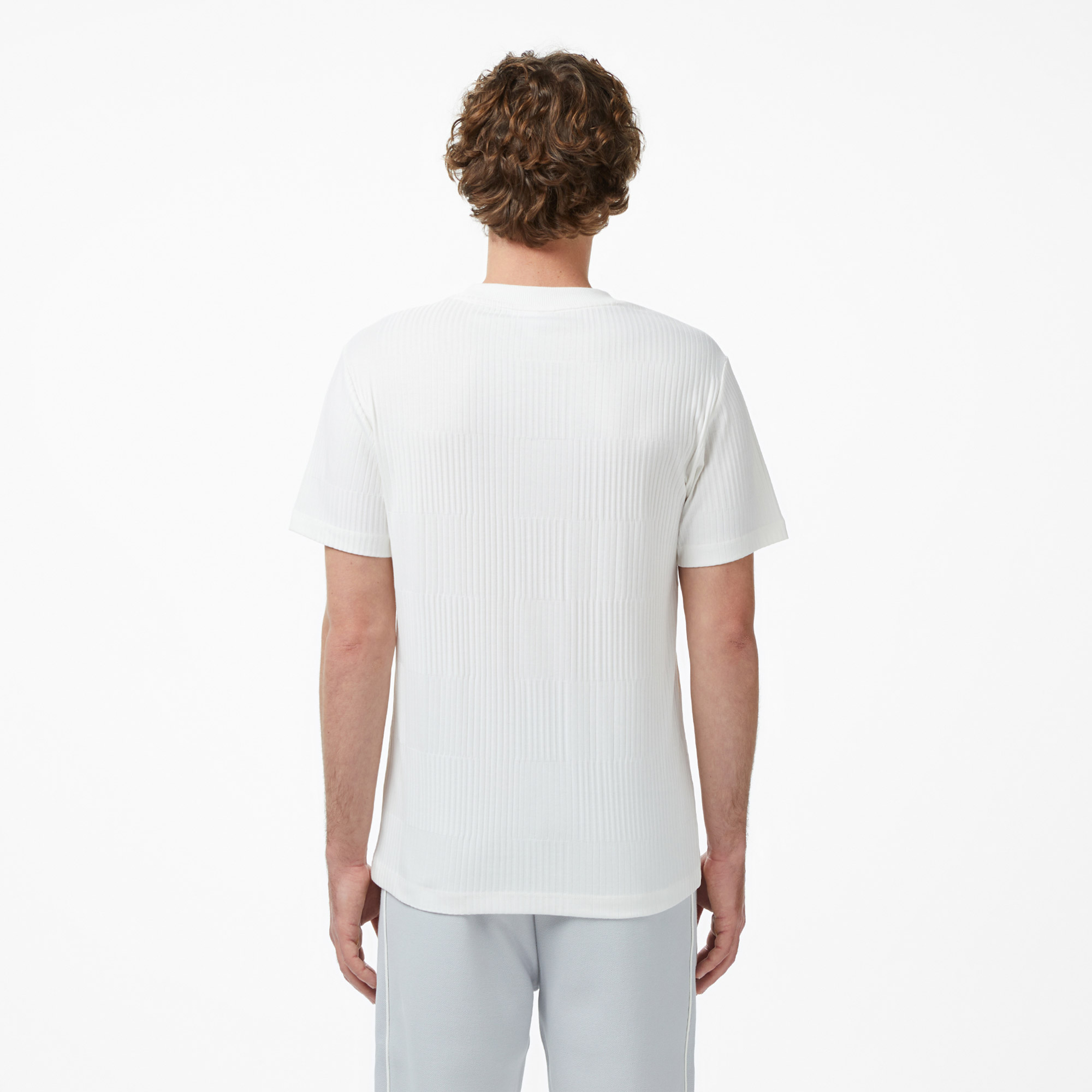 Lacoste Erkek Regular Fit Bisiklet Yaka Çizgili Beyaz T-Shirt görsel 5