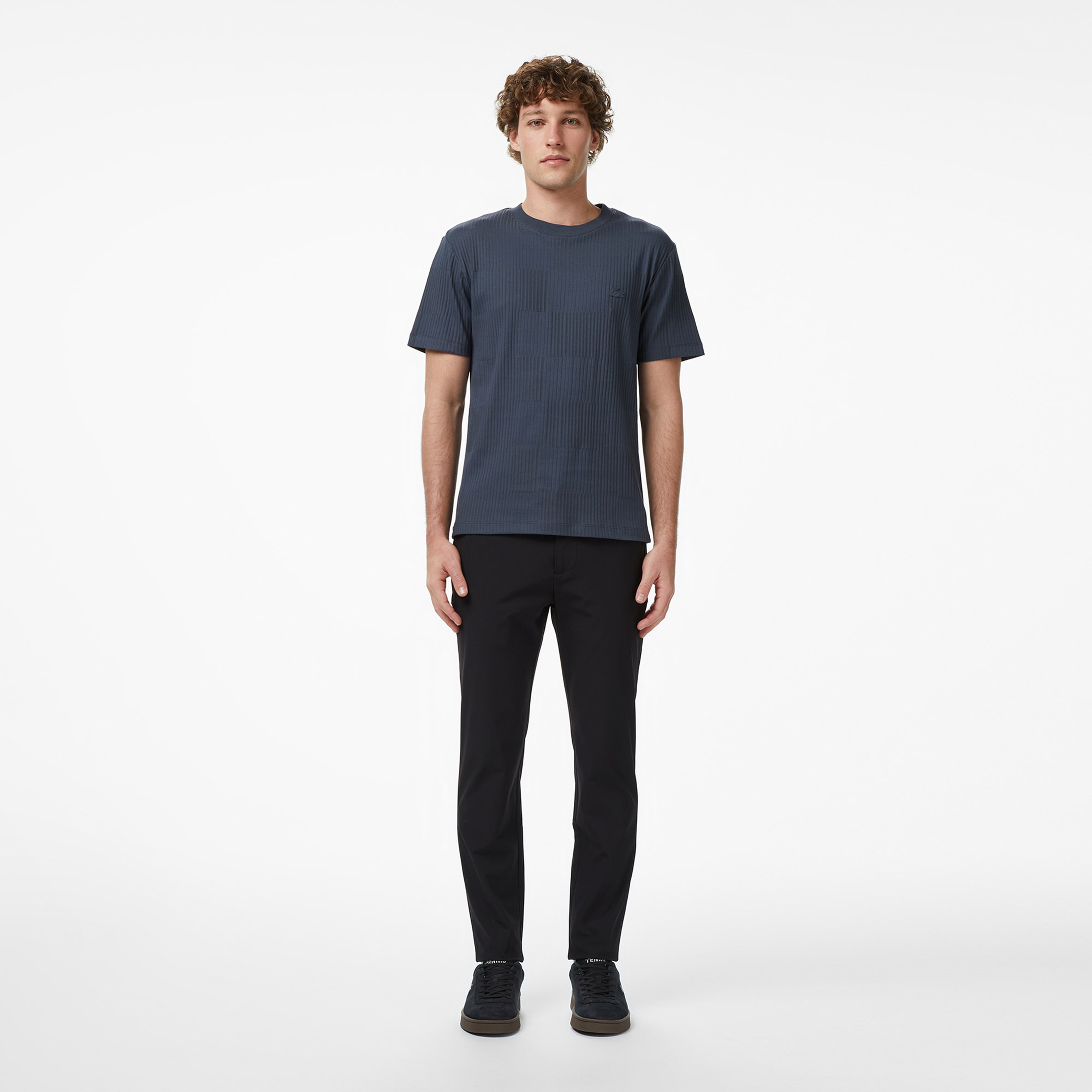 Erkek Regular Fit Bisiklet Yaka Çizgili Koyu Gri T-Shirt