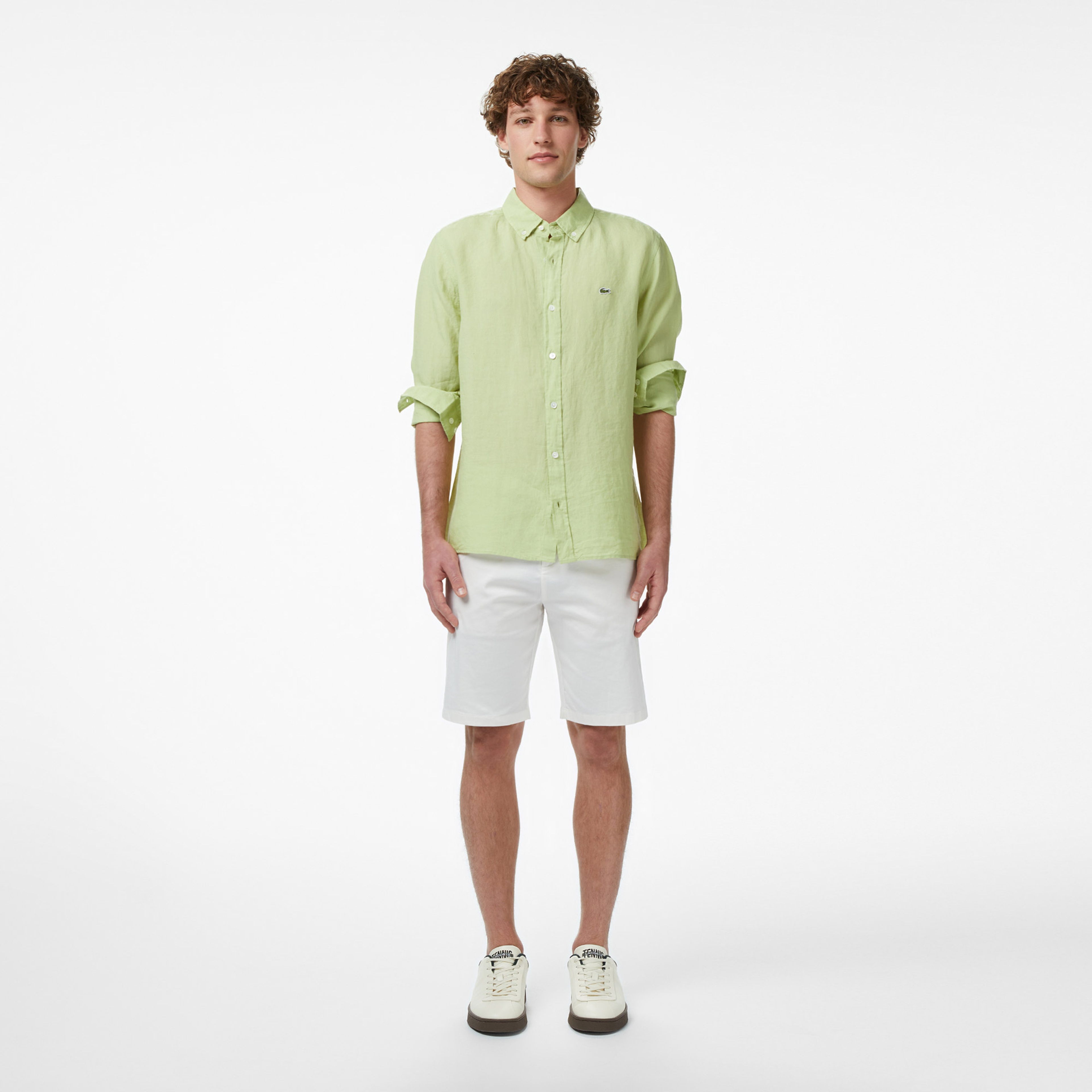 Erkek Regular Fit Düğmeli Yaka Keten Yeşil Gömlek