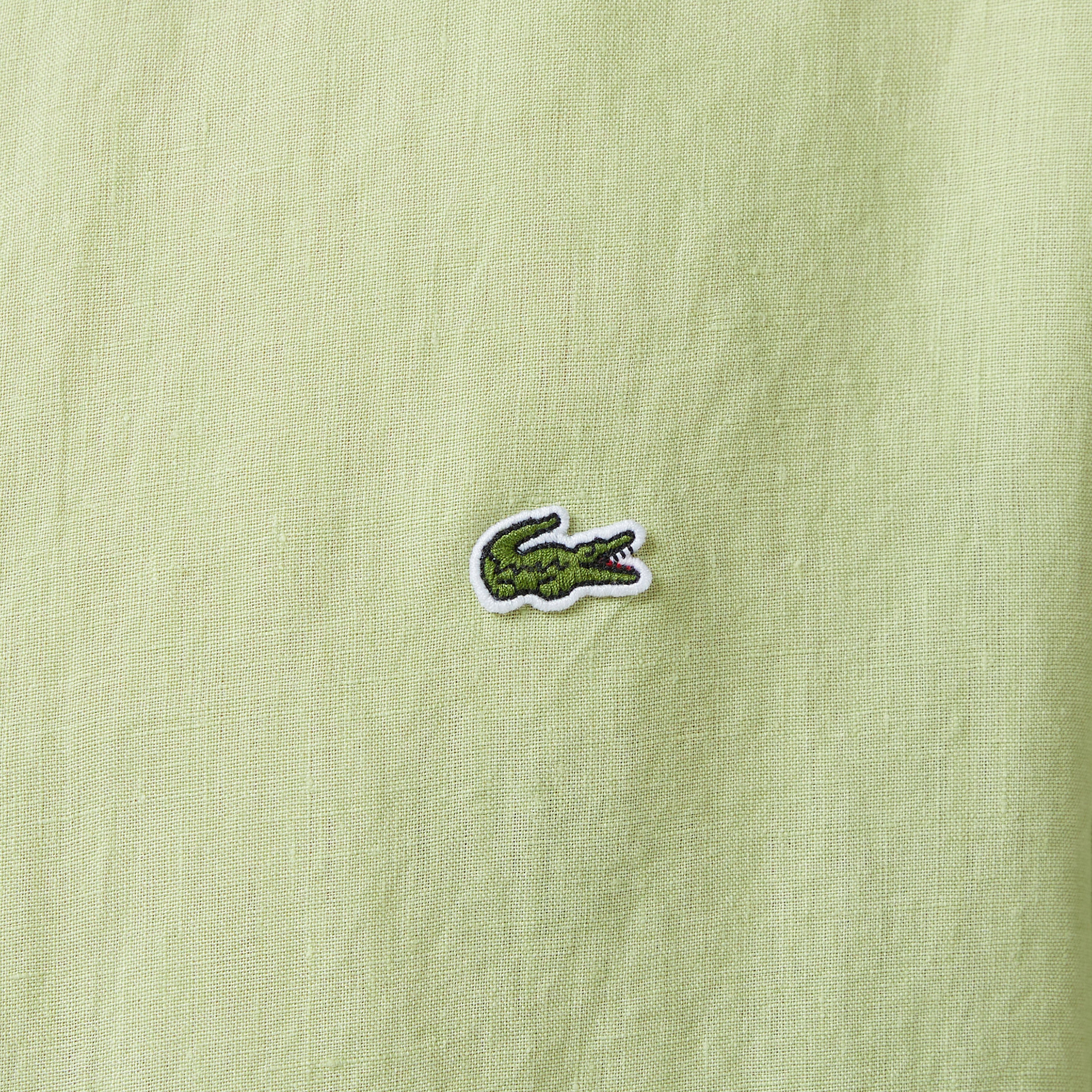 Erkek Regular Fit Düğmeli Yaka Keten Yeşil Gömlek