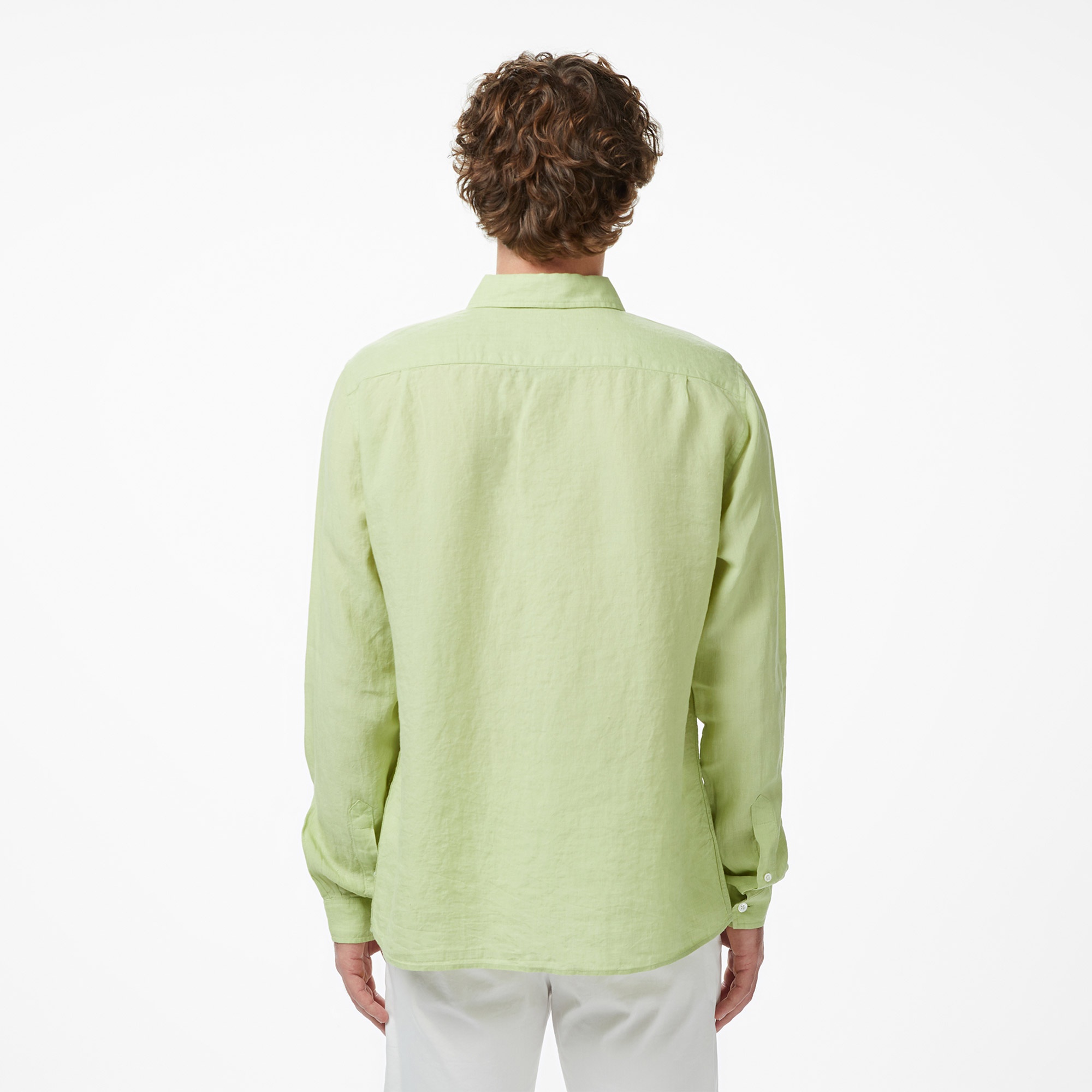 Erkek Regular Fit Düğmeli Yaka Keten Yeşil Gömlek