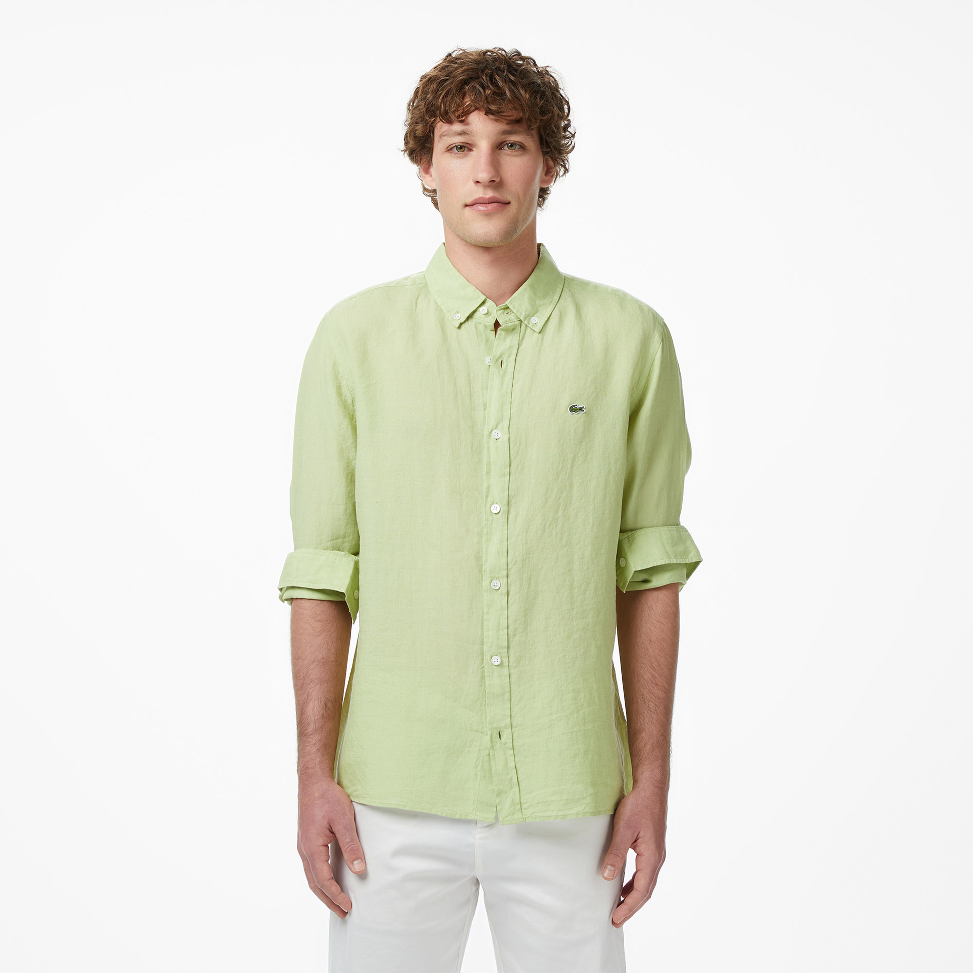 Erkek Regular Fit Düğmeli Yaka Keten Yeşil Gömlek
