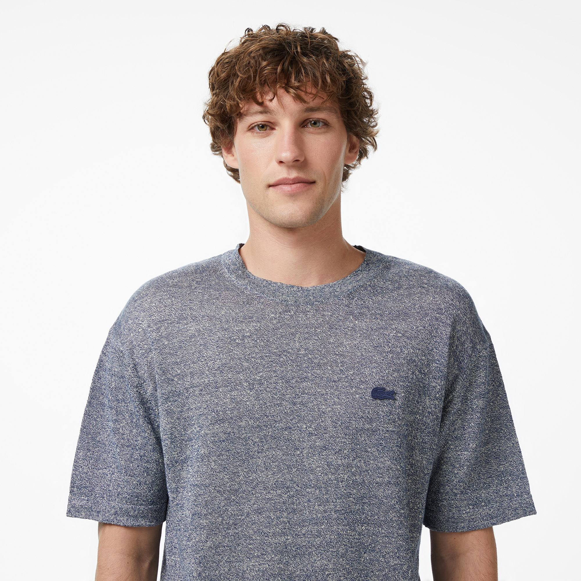 Erkek Classic Fit Kısa Kollu Bisiklet Yaka Keten Lacivert Triko