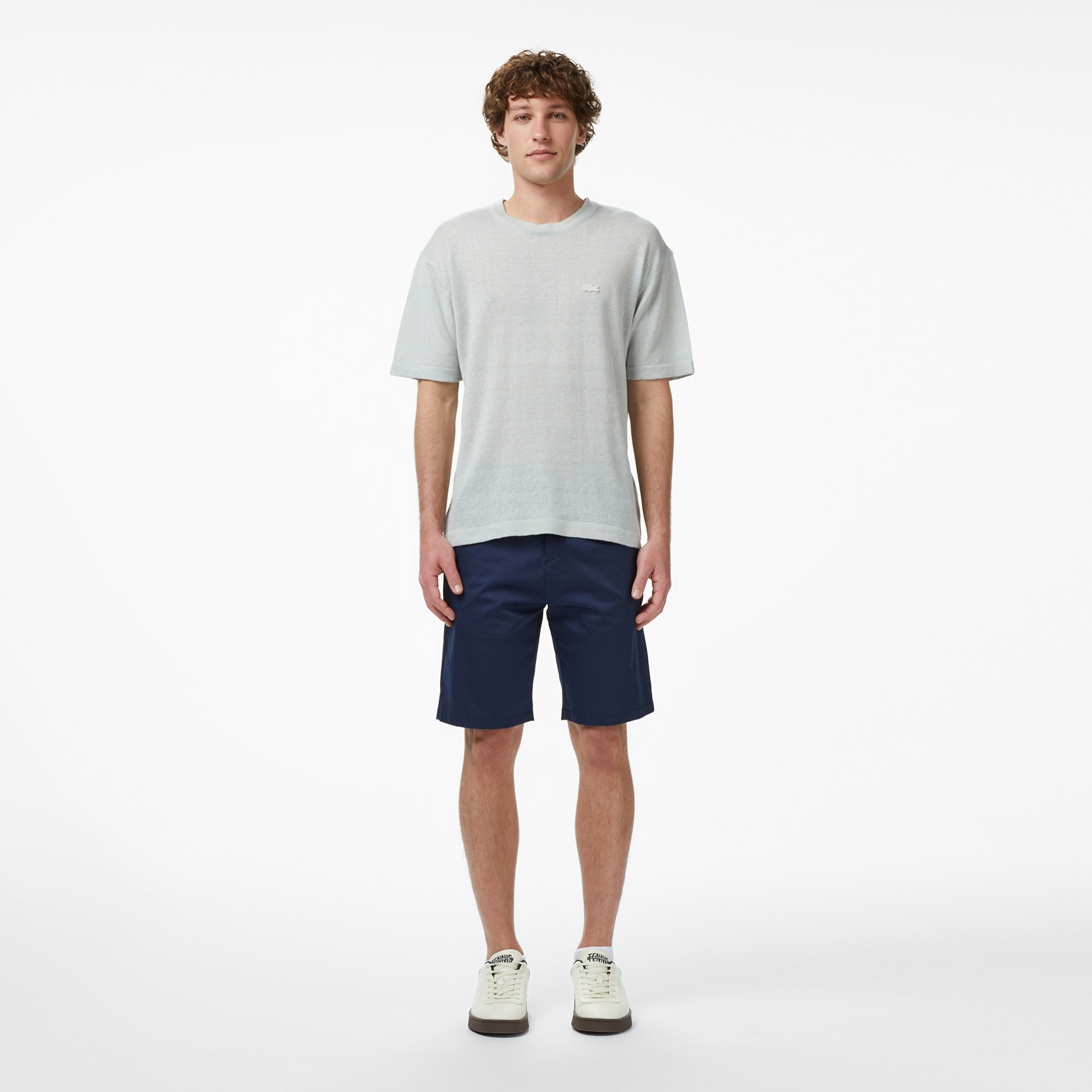 Lacoste Erkek Classic Fit Kısa Kollu Bisiklet Yaka Keten Bej Triko görsel 6