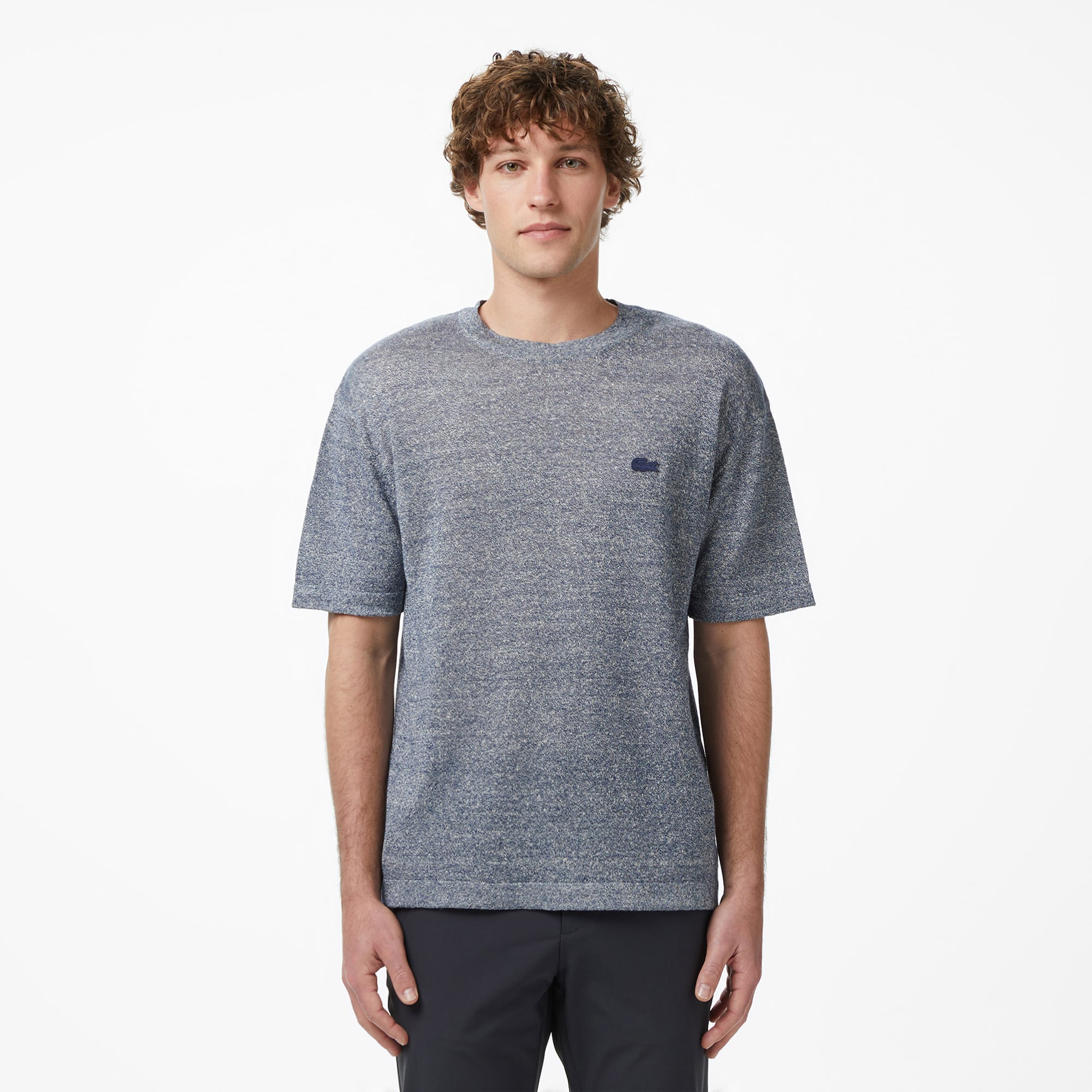 Lacoste Erkek Classic Fit Kısa Kollu Bisiklet Yaka Keten Lacivert Triko