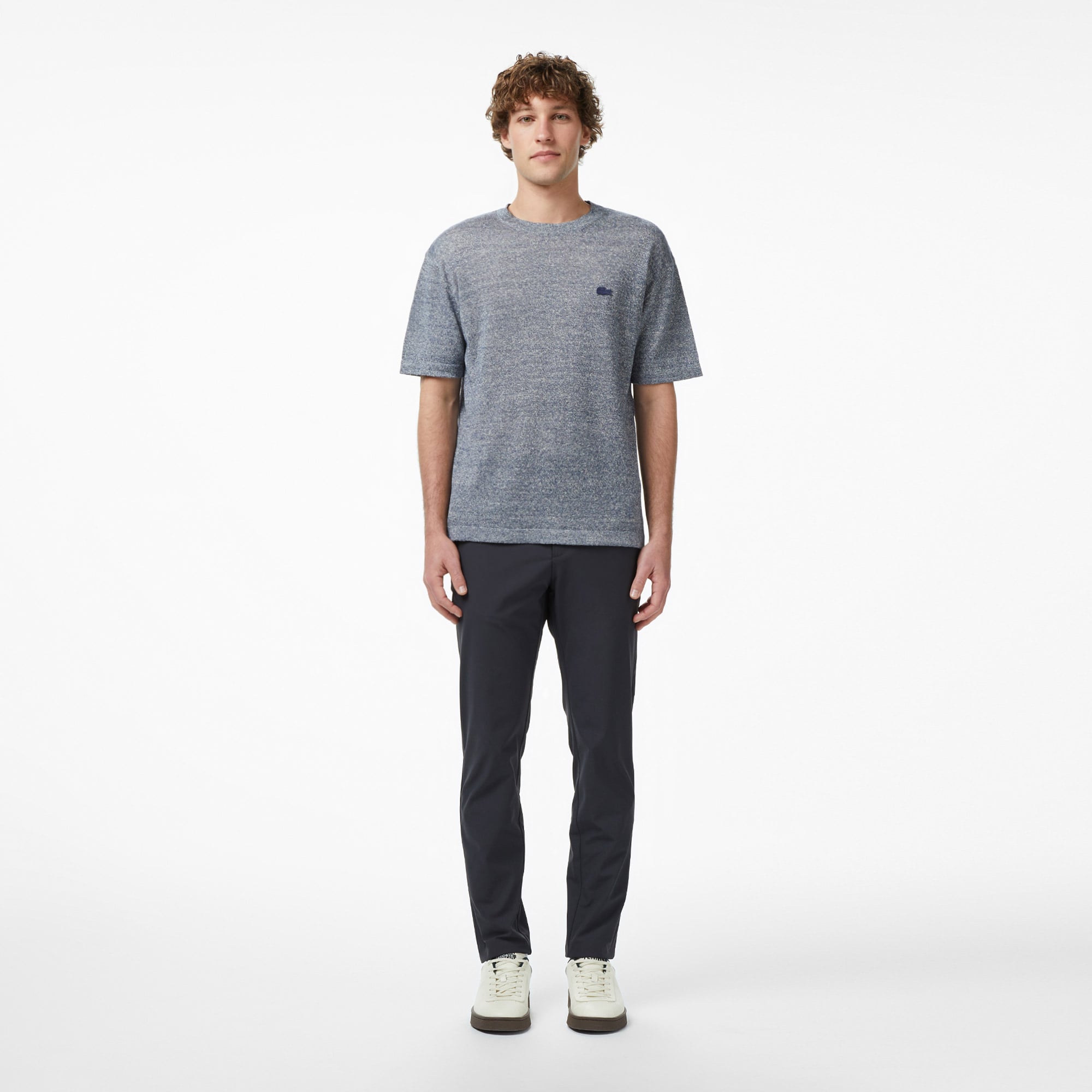 Lacoste Erkek Classic Fit Kısa Kollu Bisiklet Yaka Keten Lacivert Triko görsel 6