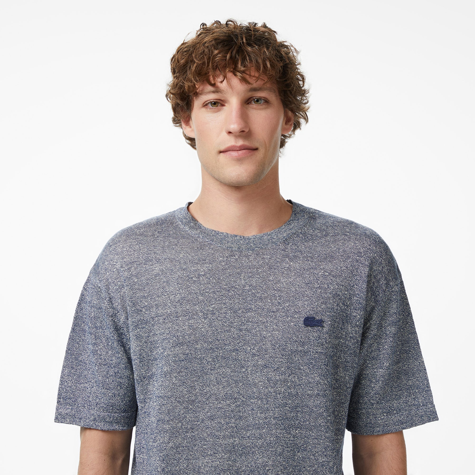 Lacoste Erkek Classic Fit Kısa Kollu Bisiklet Yaka Keten Lacivert Triko görsel 2