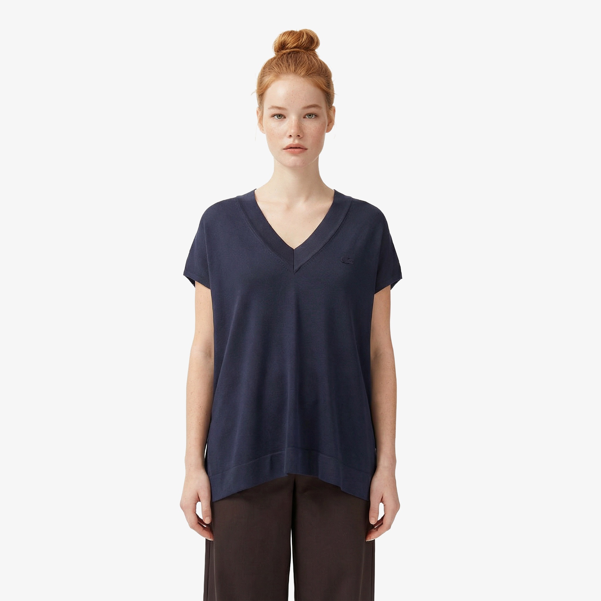 Kadın Relaxed Fit Kısa Kollu V Yaka Koyu Gri Triko