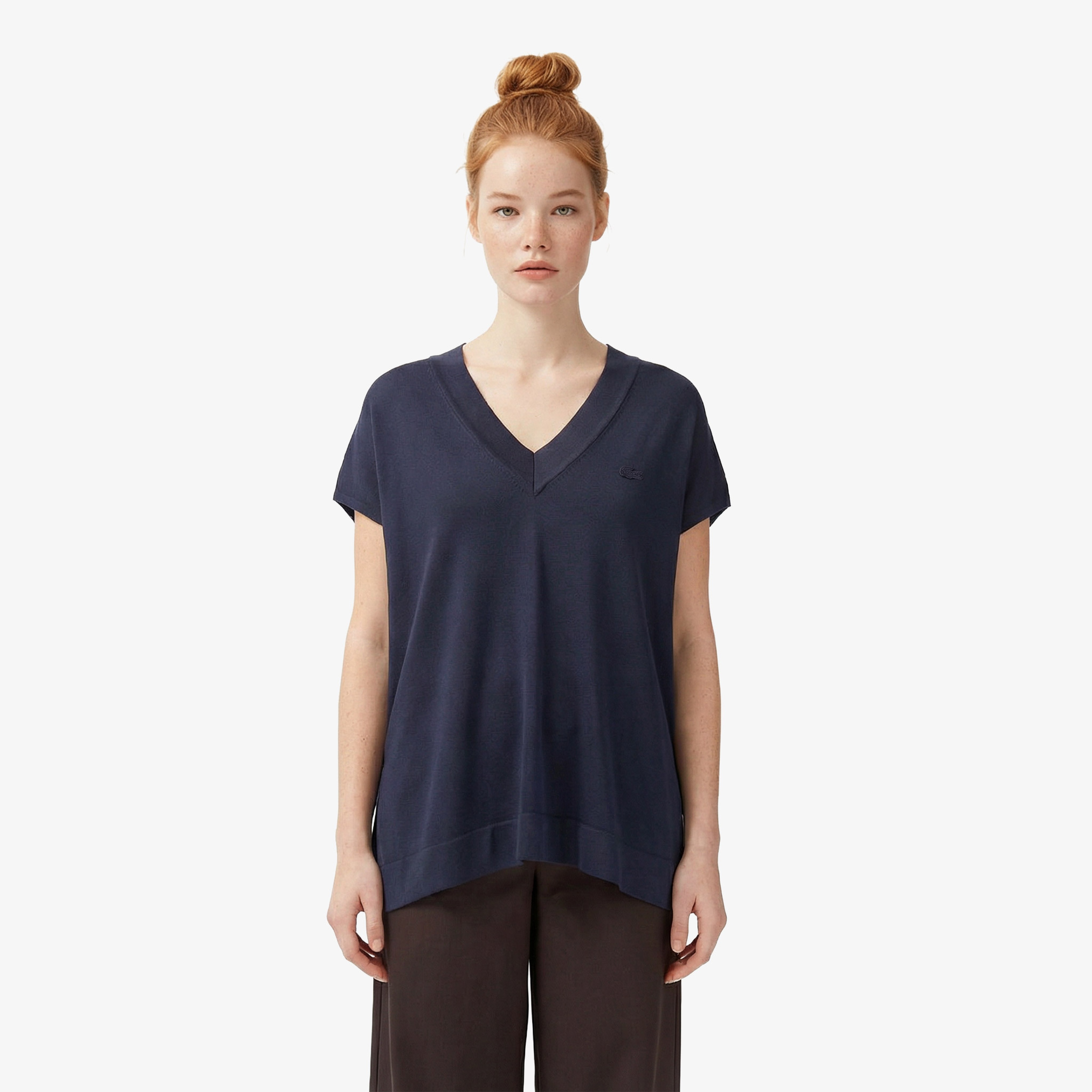 Kadın Relaxed Fit Kısa Kollu V Yaka Koyu Gri Triko