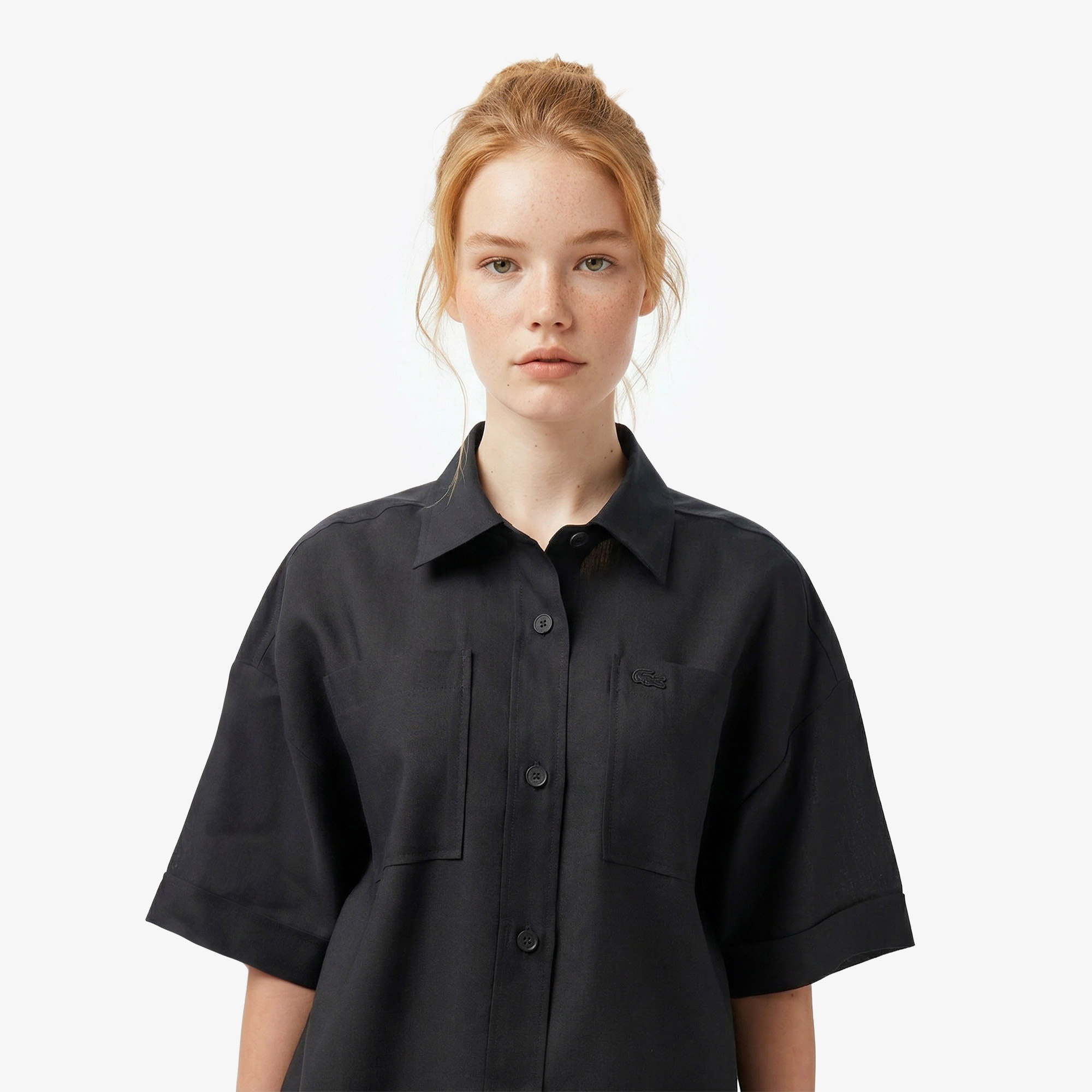 Kadın Relaxed Fit Truvakar Kollu Keten Siyah Gömlek