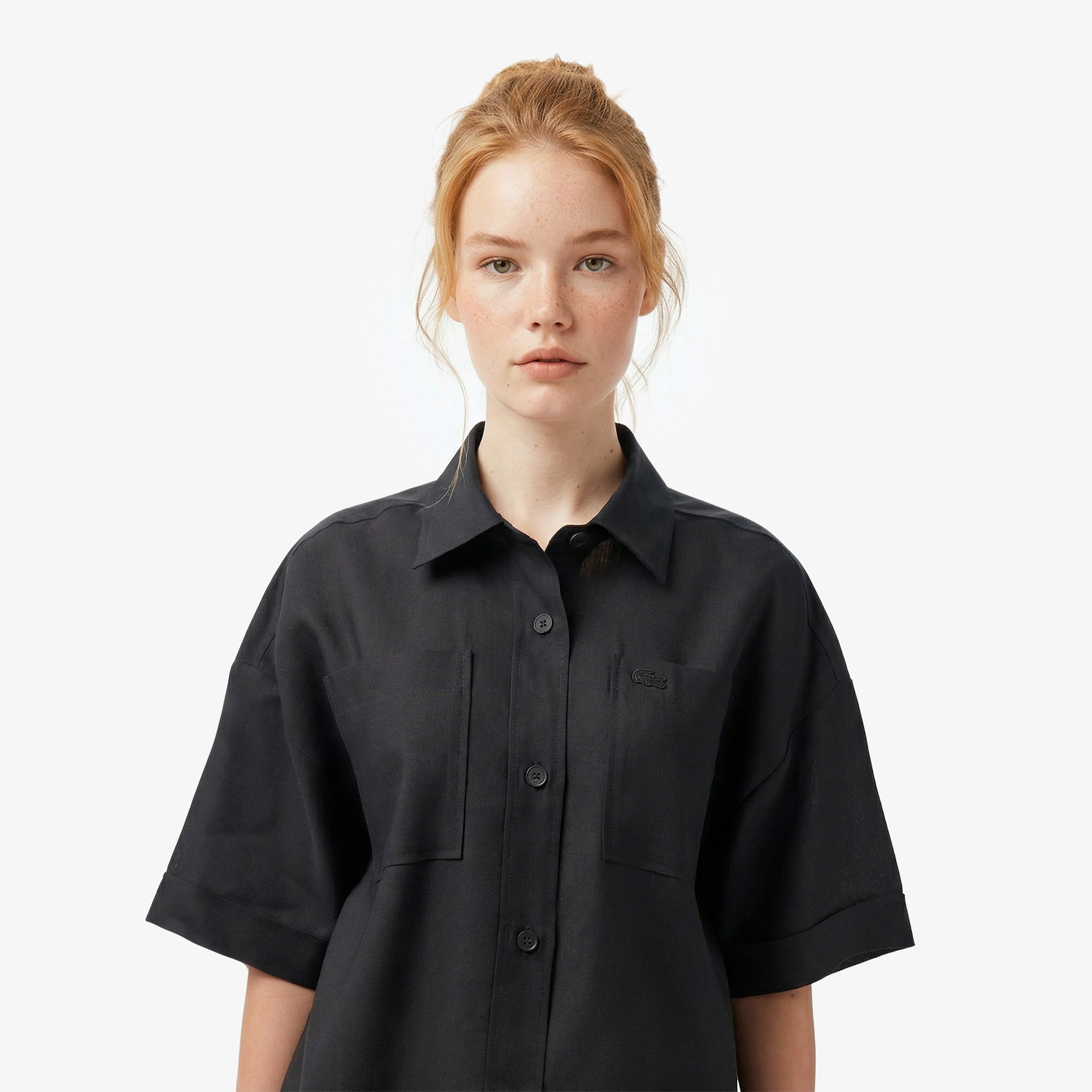 Kadın Relaxed Fit Truvakar Kollu Keten Siyah Gömlek