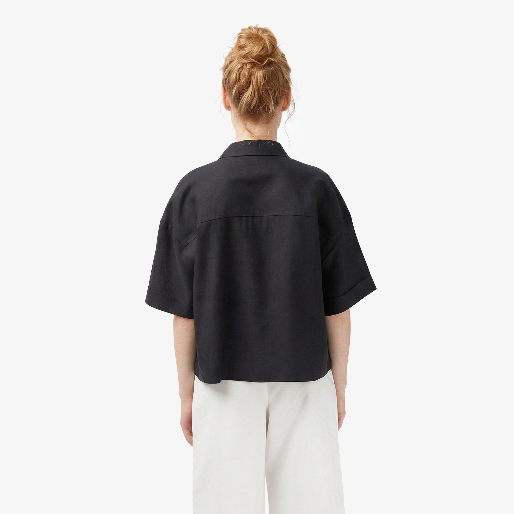 Kadın Relaxed Fit Truvakar Kollu Keten Siyah Gömlek