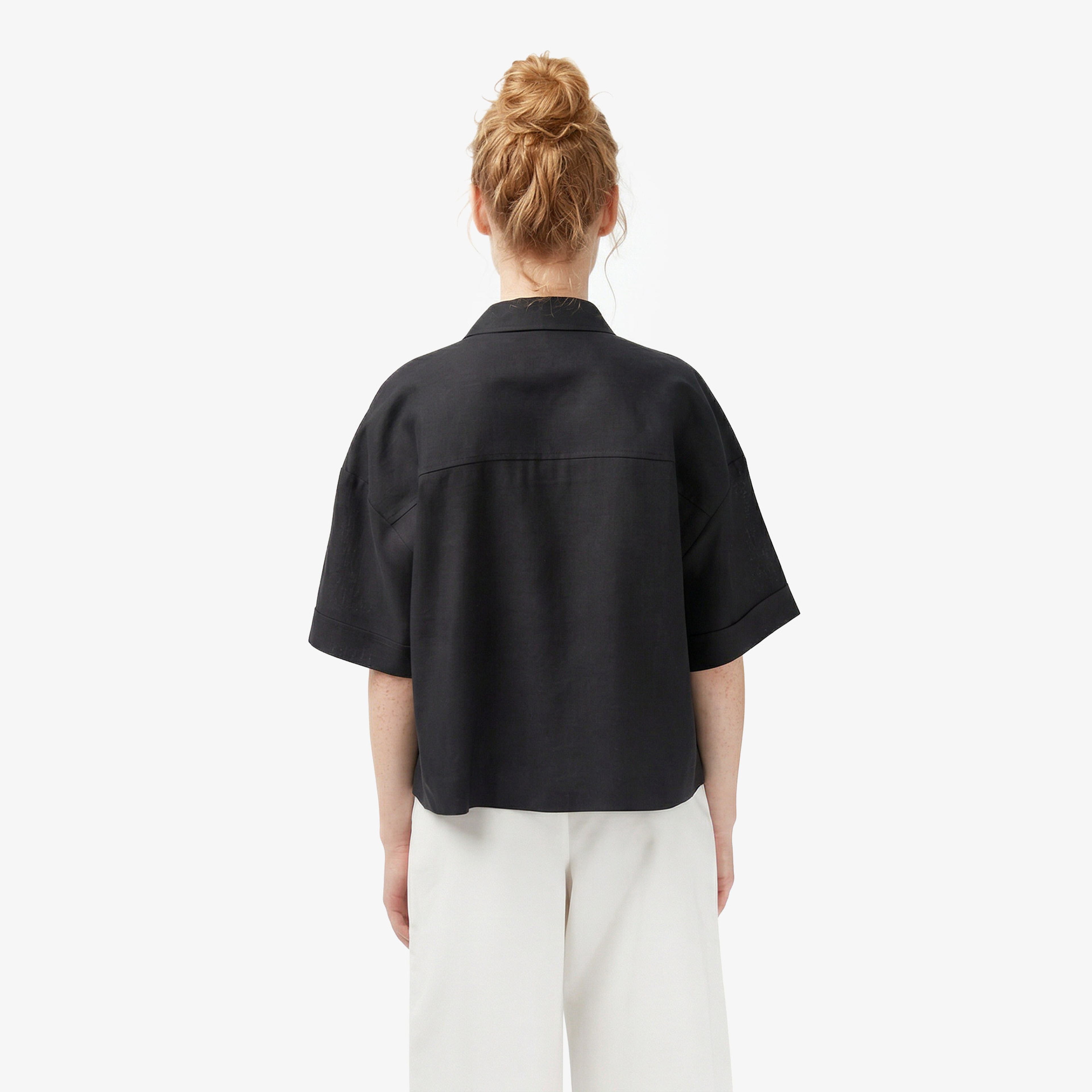 Kadın Relaxed Fit Truvakar Kollu Keten Siyah Gömlek