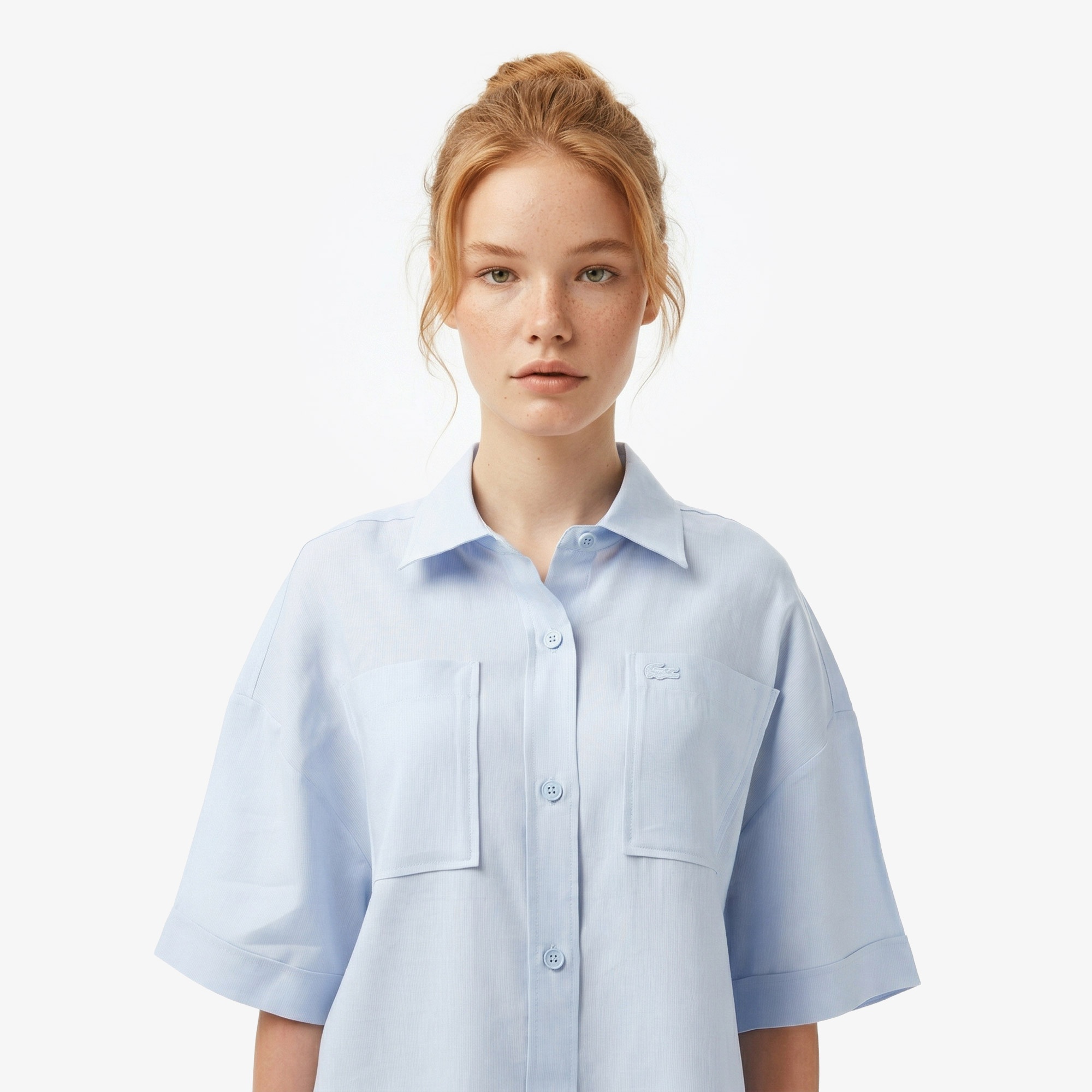 Kadın Relaxed Fit Truvakar Kollu Keten Mavi Gömlek