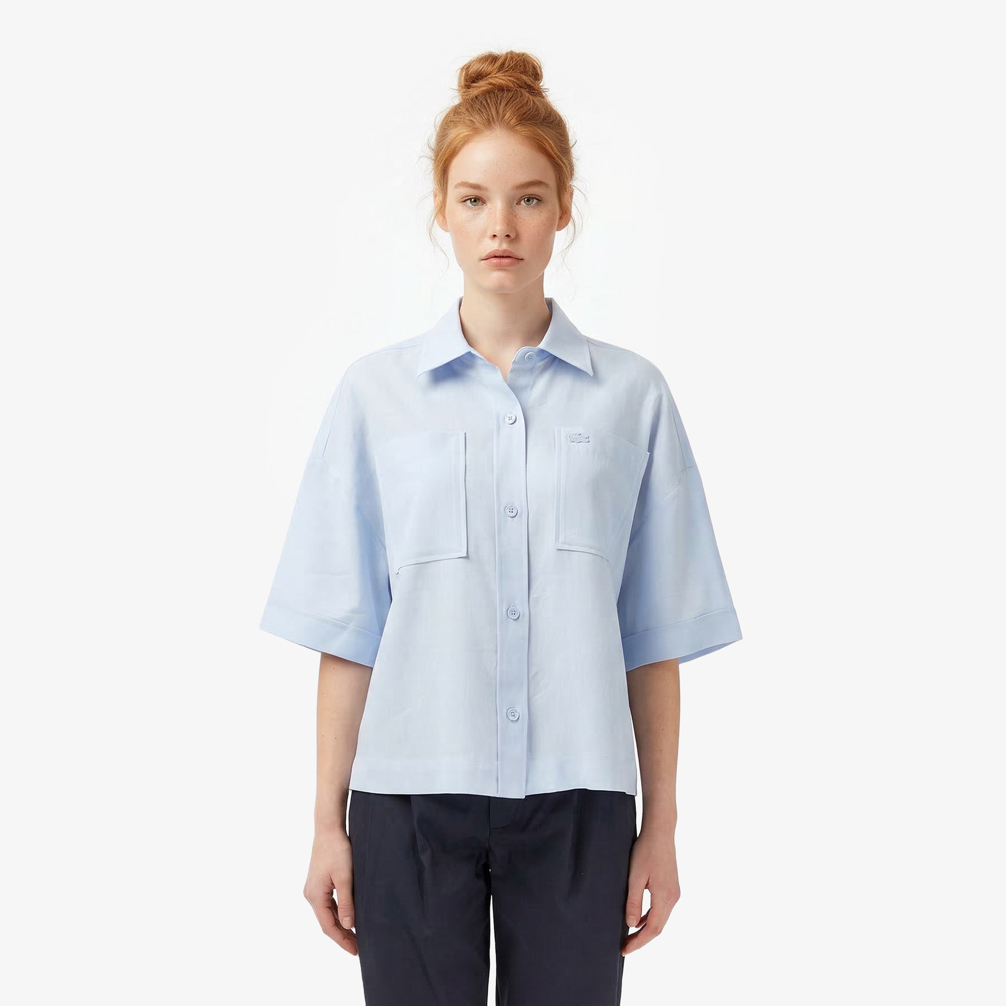 Kadın Relaxed Fit Truvakar Kollu Keten Mavi Gömlek