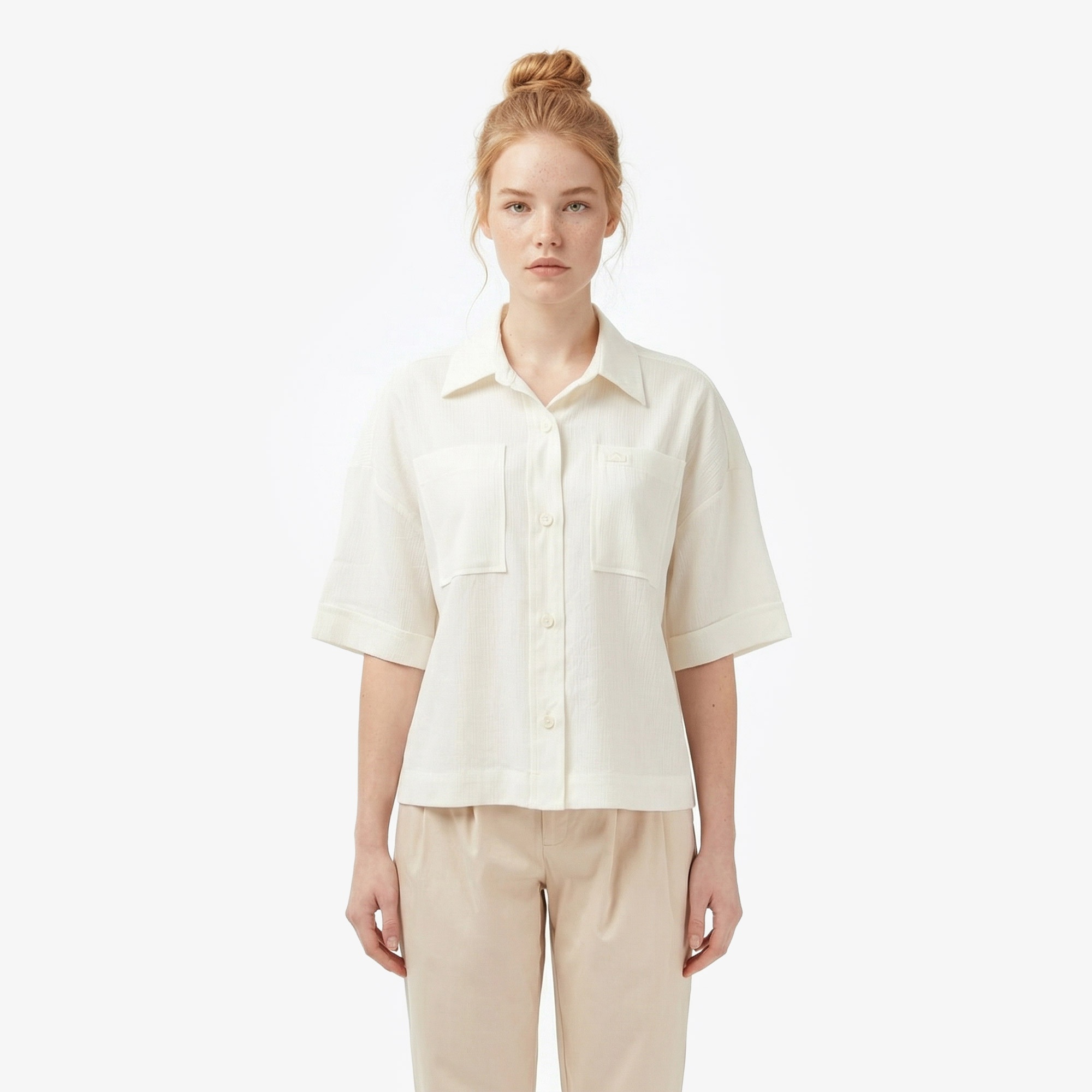 Kadın Relaxed Fit Truvakar Kollu Keten Krem Gömlek