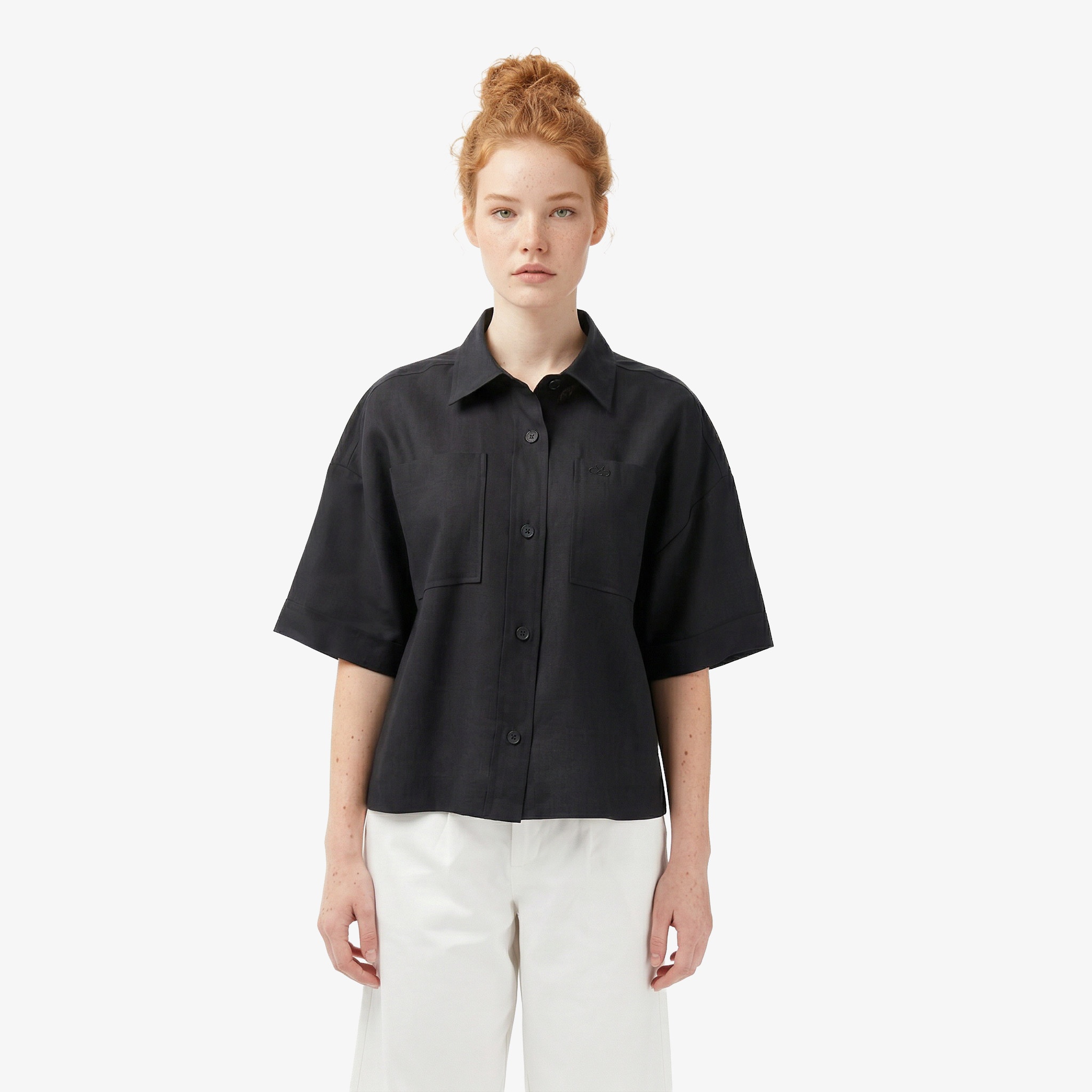 Kadın Relaxed Fit Truvakar Kollu Keten Siyah Gömlek