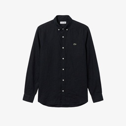 Erkek Regular Fit Düğmeli Yaka Keten Siyah Gömlek Siyah