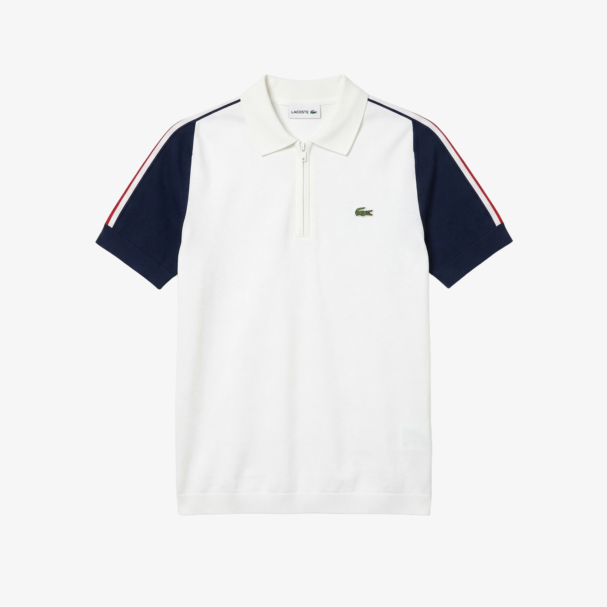 Erkek Kısa Kollu Yarım Fermuarlı Renk Bloklu Beyaz Triko